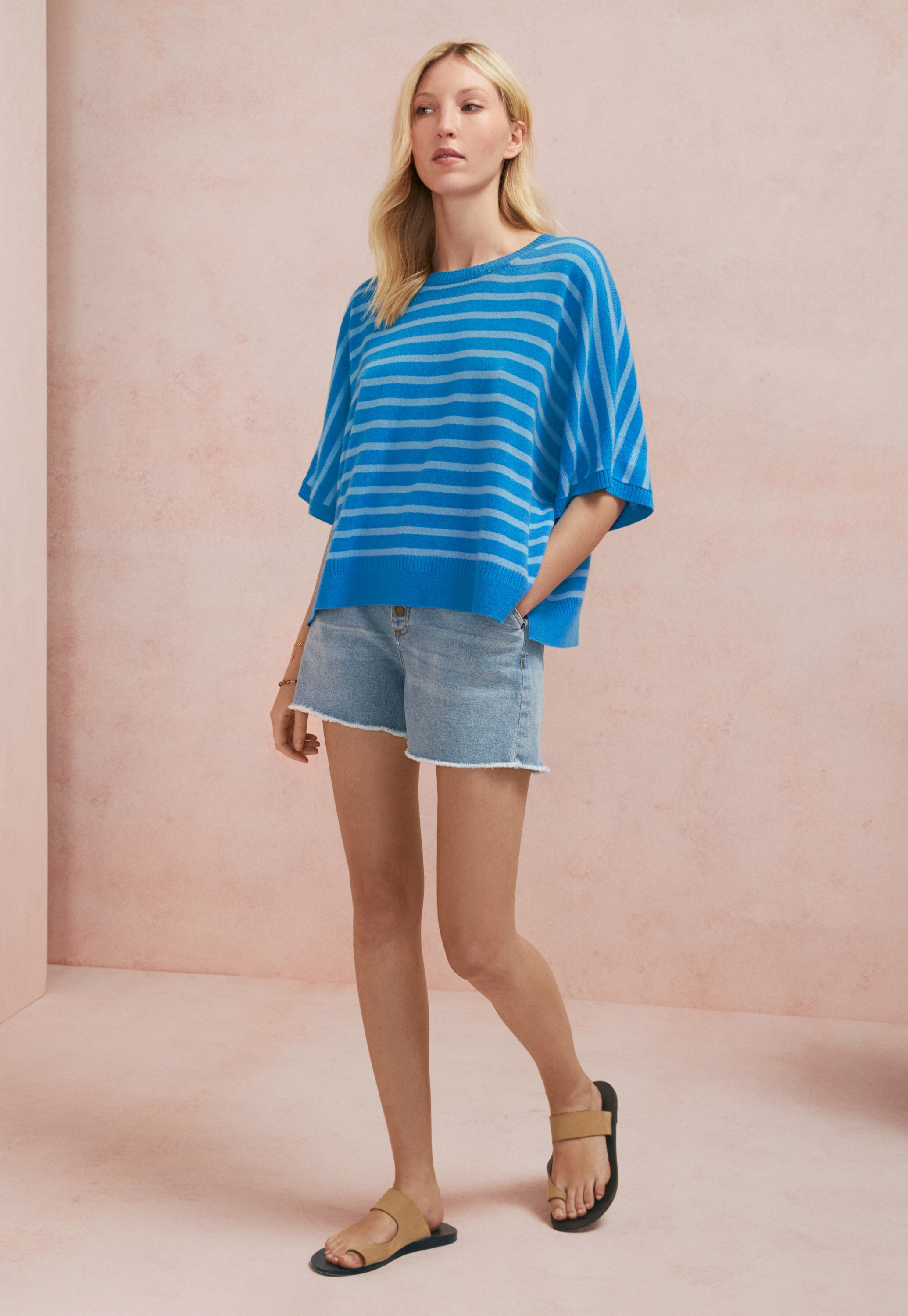 Striped poncho, Bright blue, large