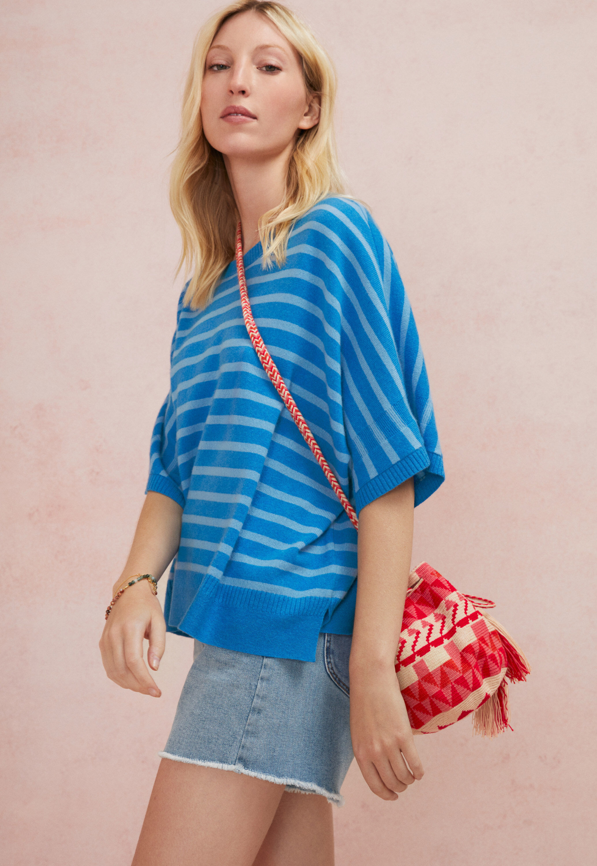 Striped poncho, Bright blue, large