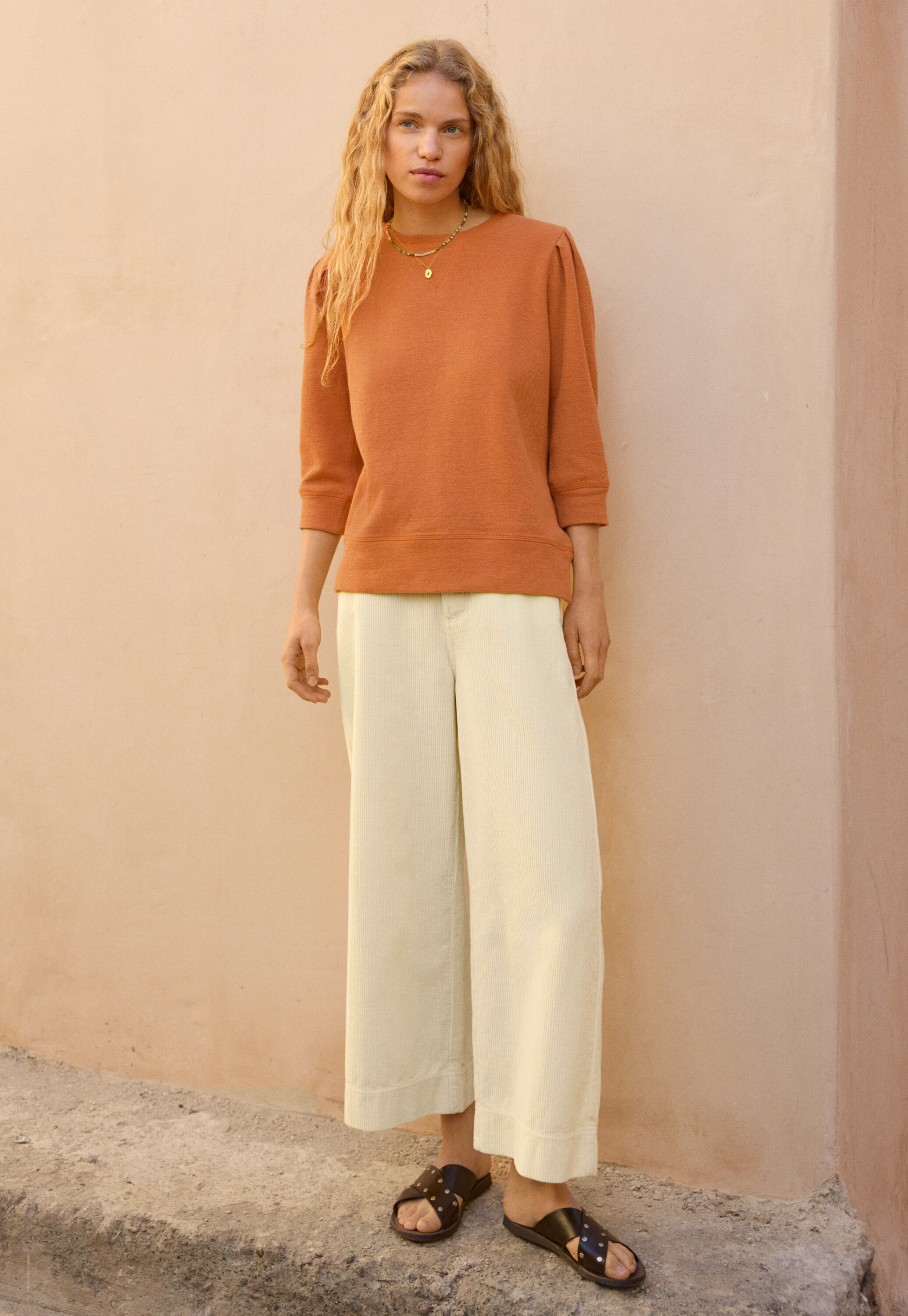 Wide-leg cord trousers, Pastel lemon, large