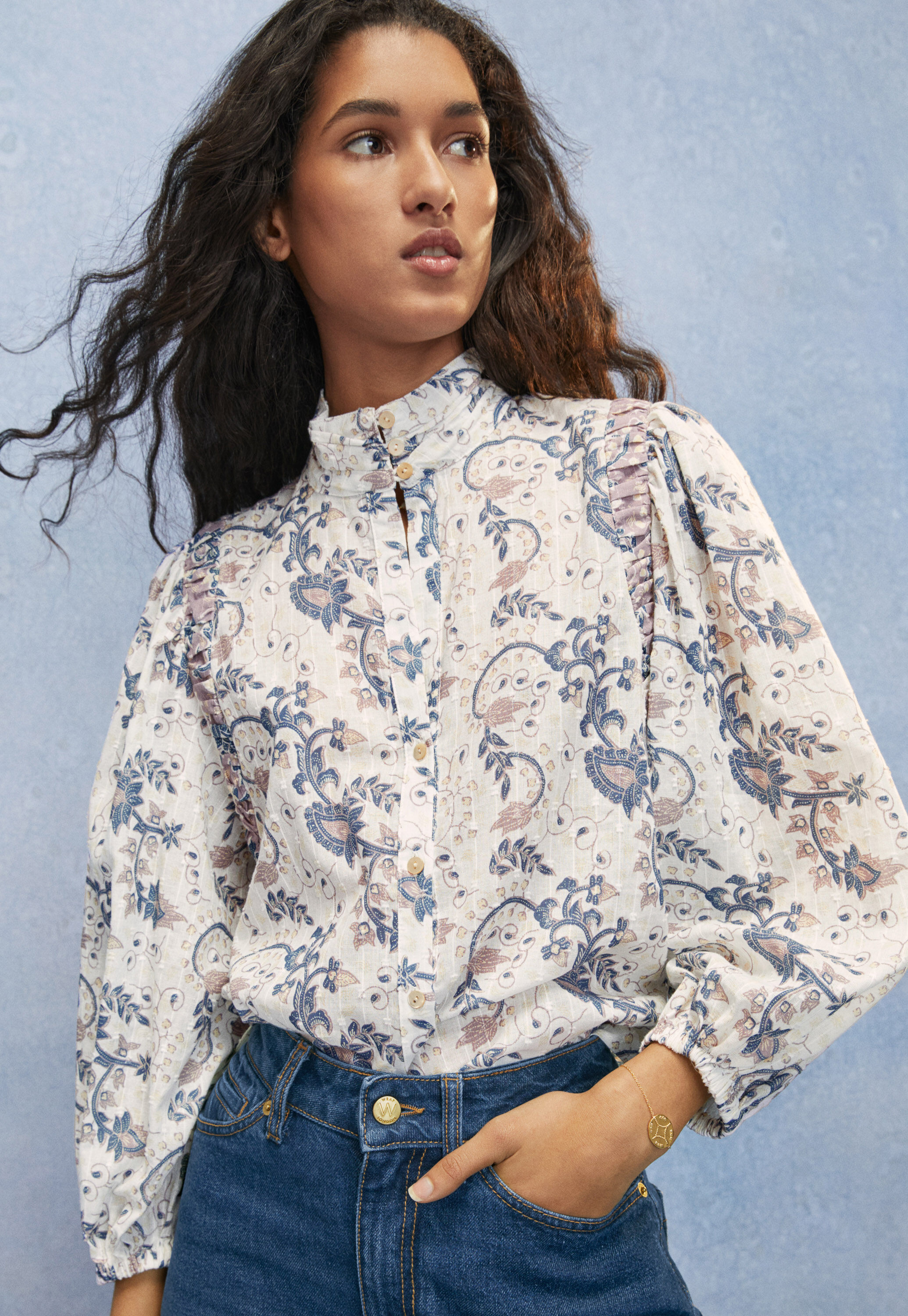 Printed high-neck blouse