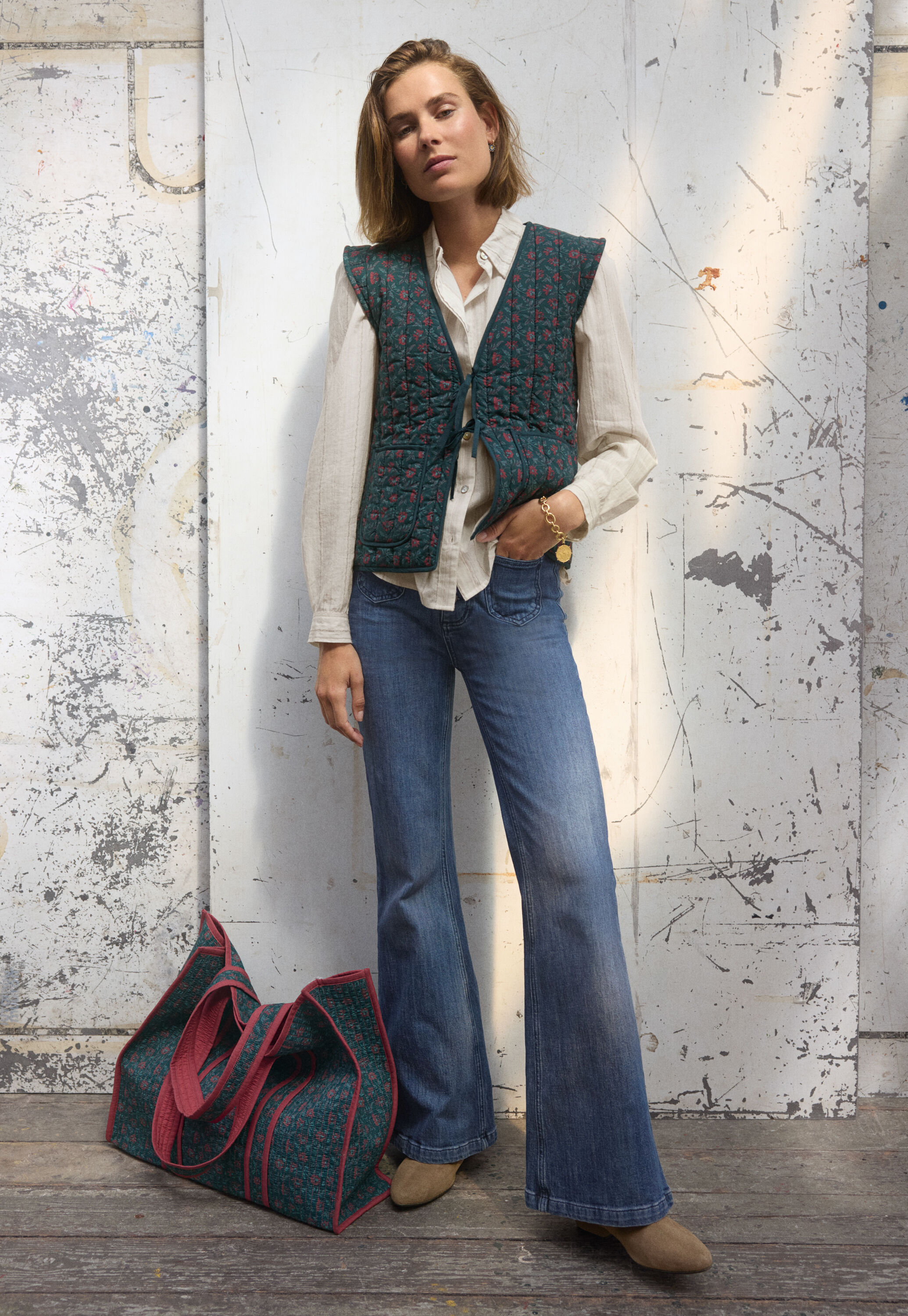 Quilted printed gilet, Raspberry petrol, large