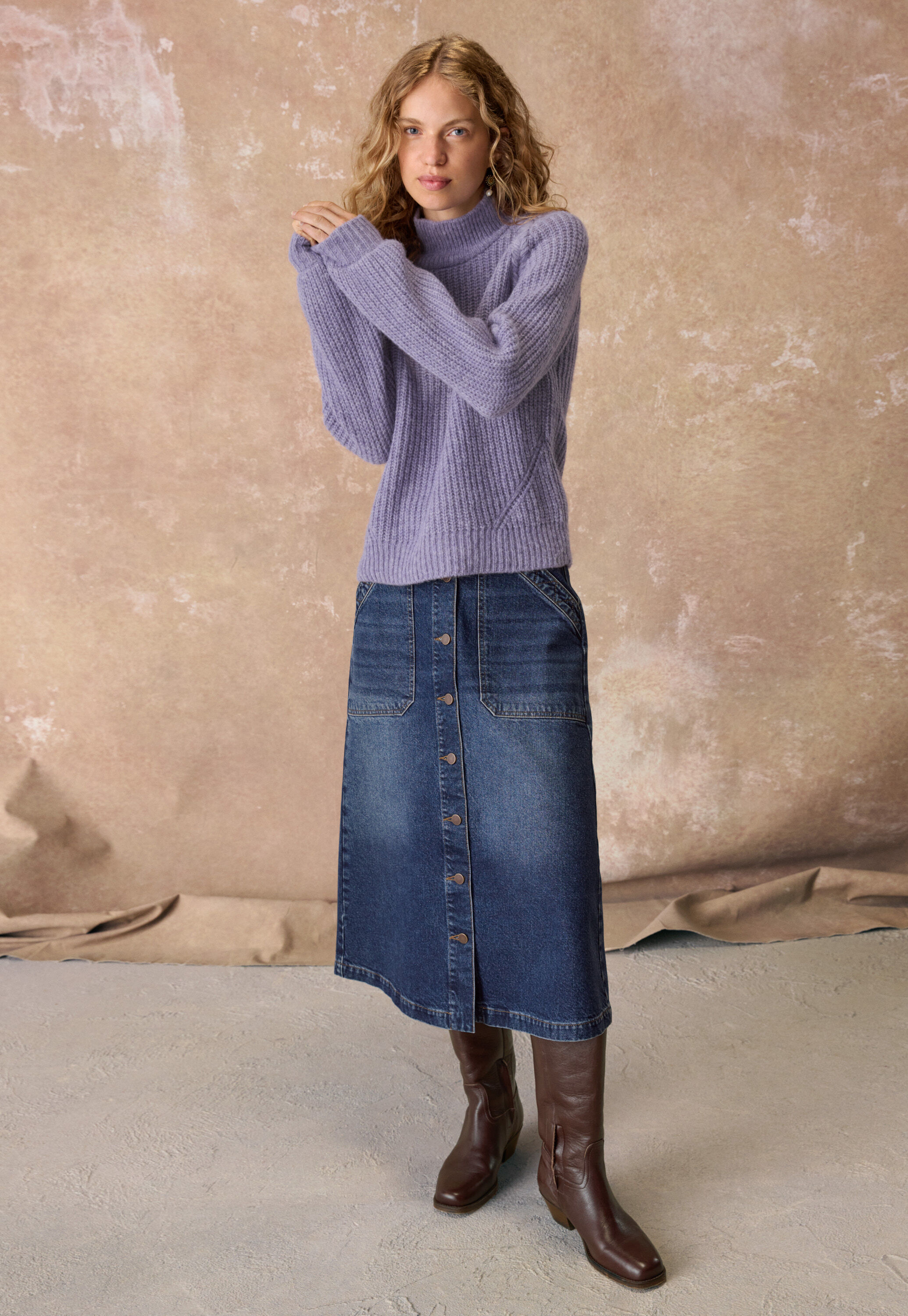 Denim button-front skirt