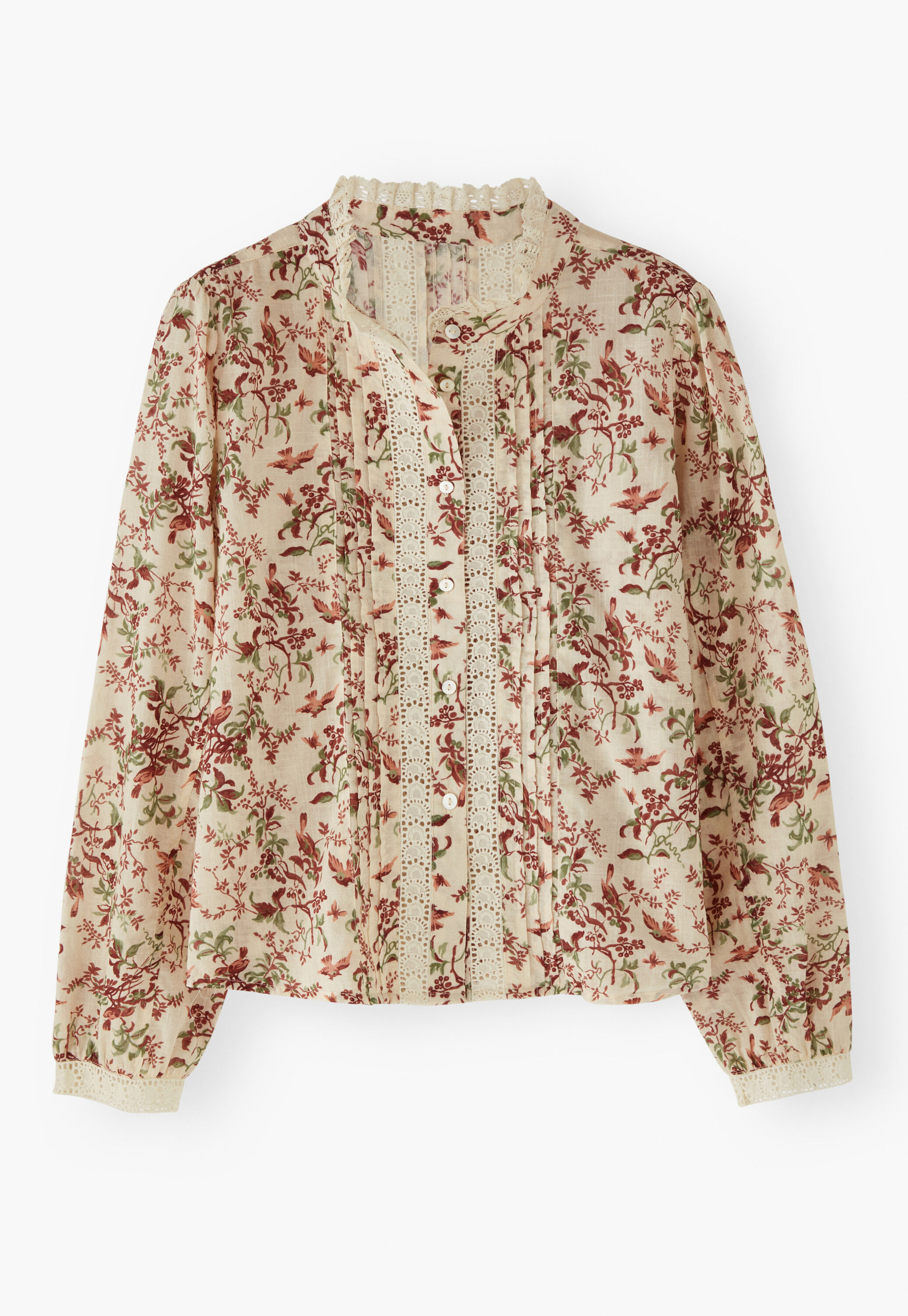 Printed lace detail blouse, Ecru burgundy, large