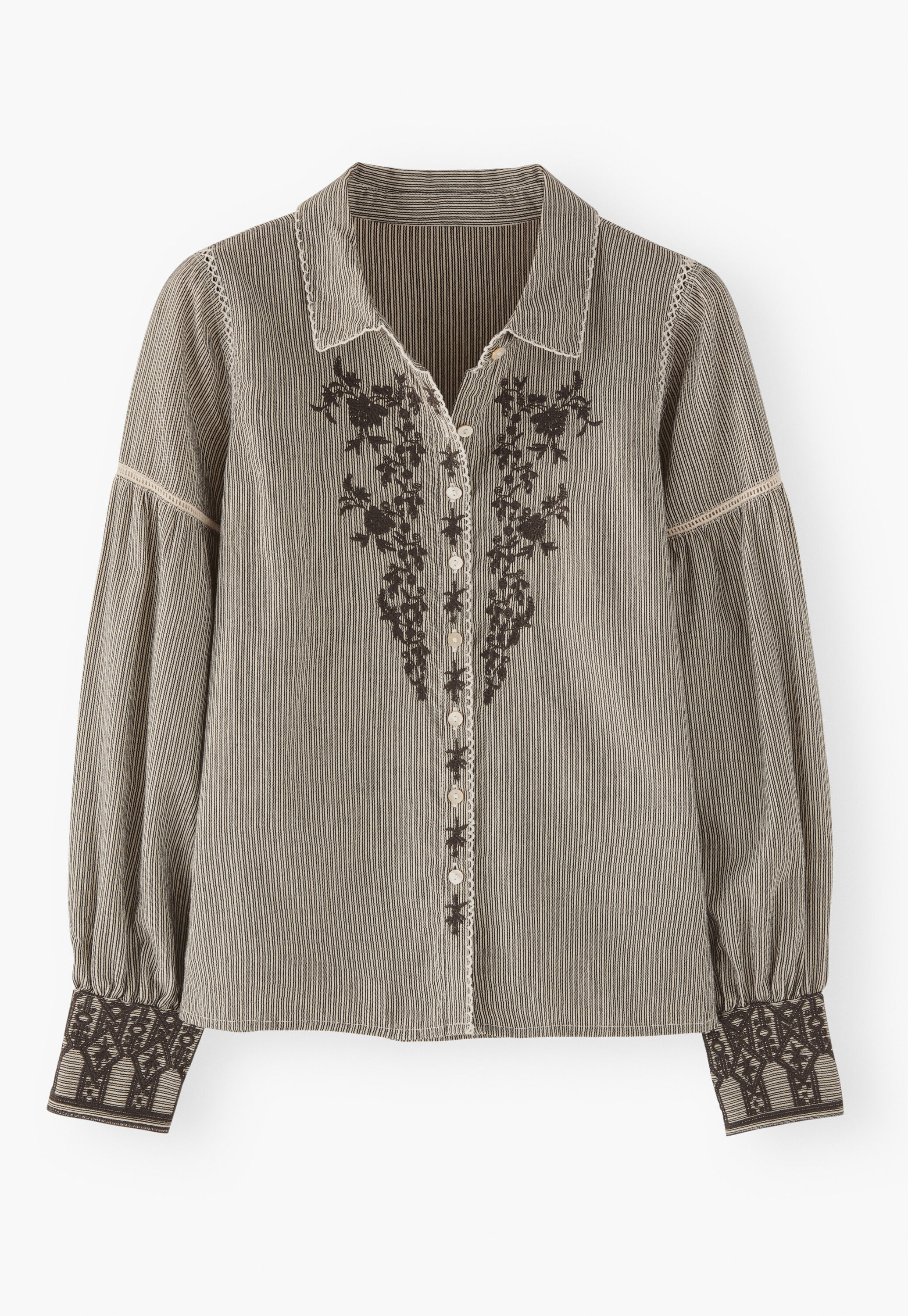 Embroidered self-stripe blouse, Charcoal ecru, large