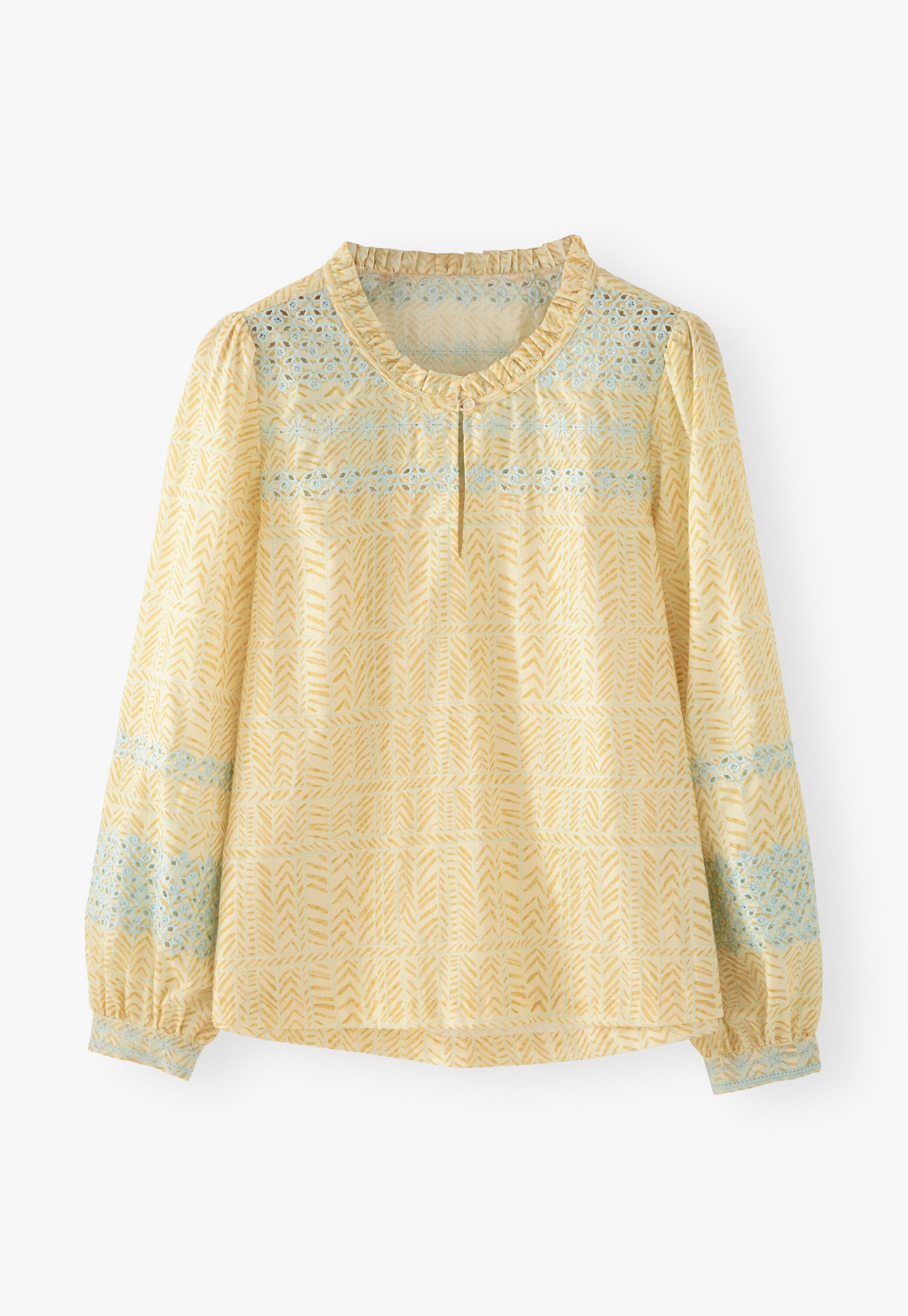 Print and broderie blouse, Soft sand, large