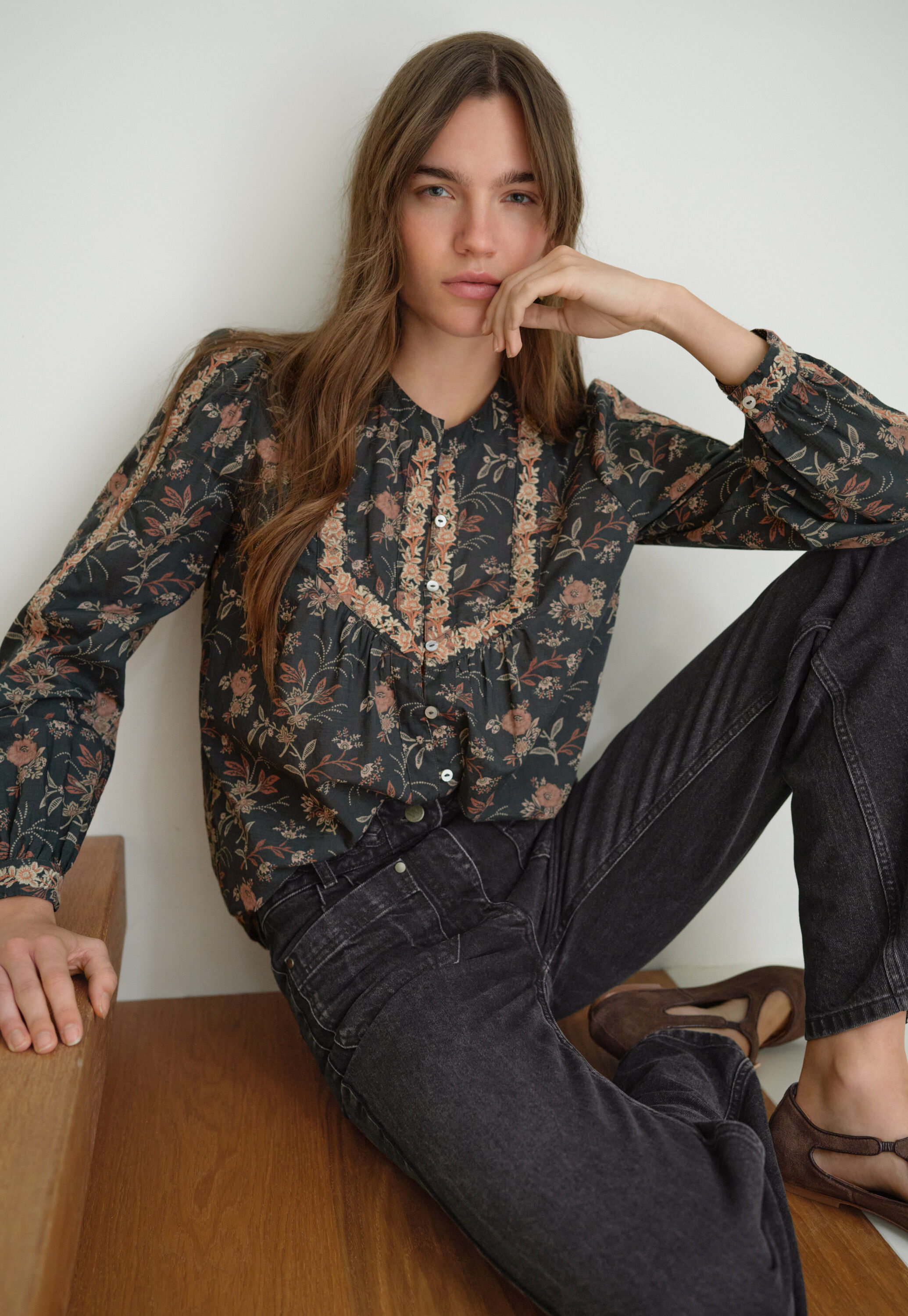 Embroidered printed blouse