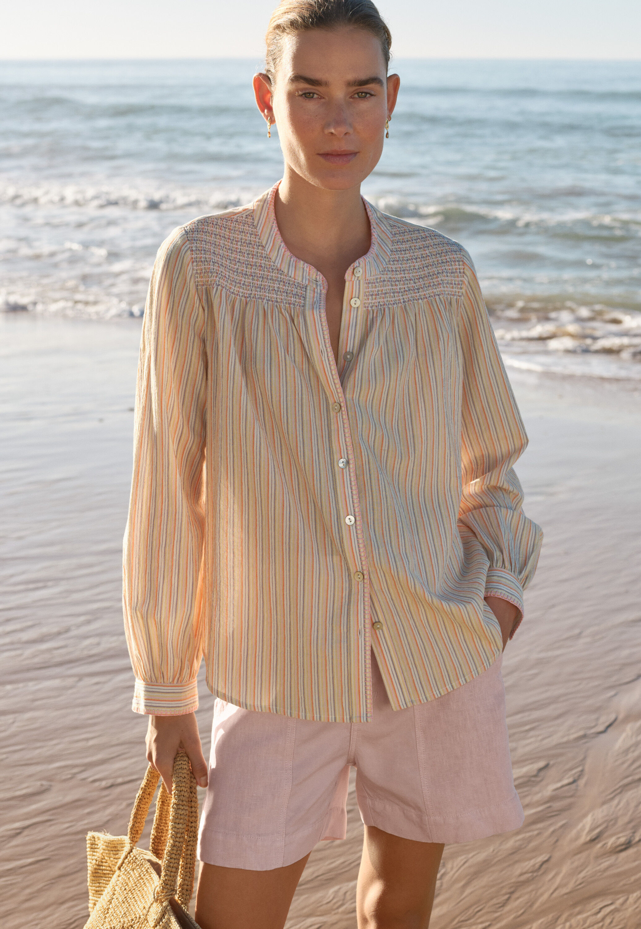 Striped shirring-detail blouse