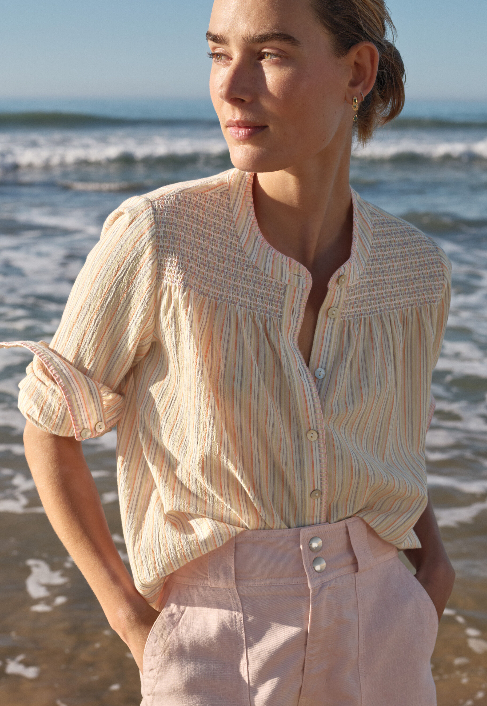 Striped shirring-detail blouse