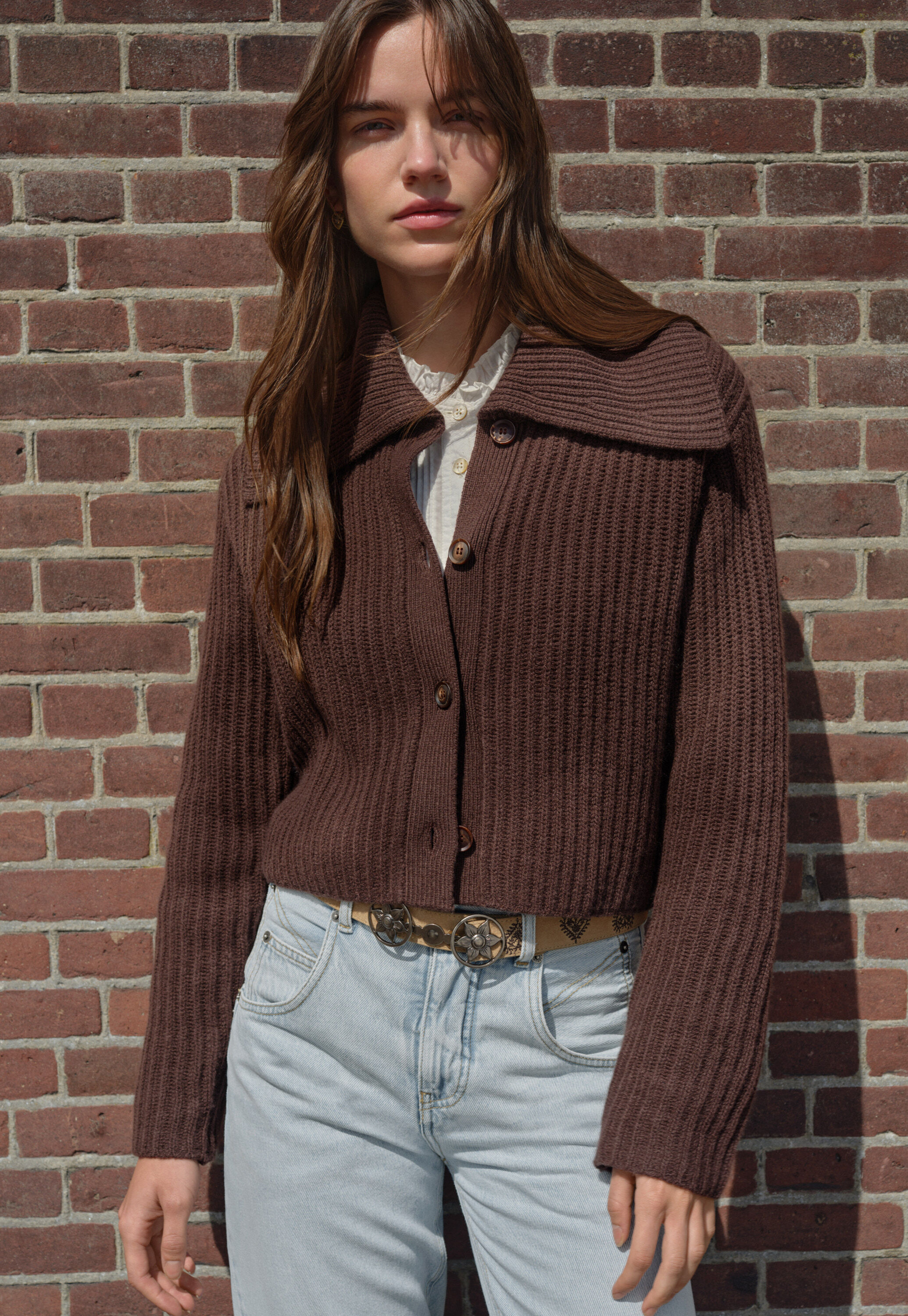 Rib-stitch collared cardigan