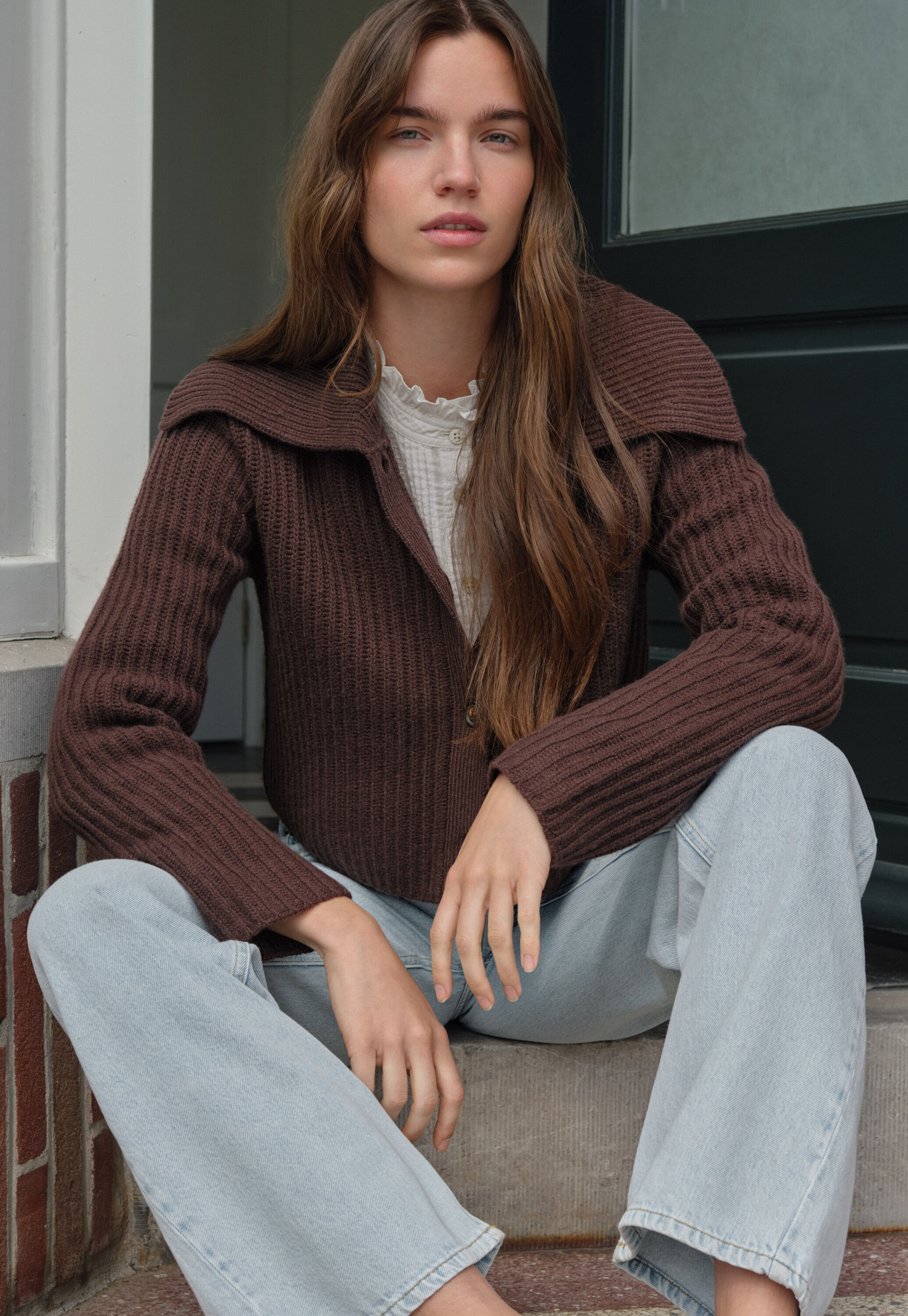 Rib-stitch collared cardigan