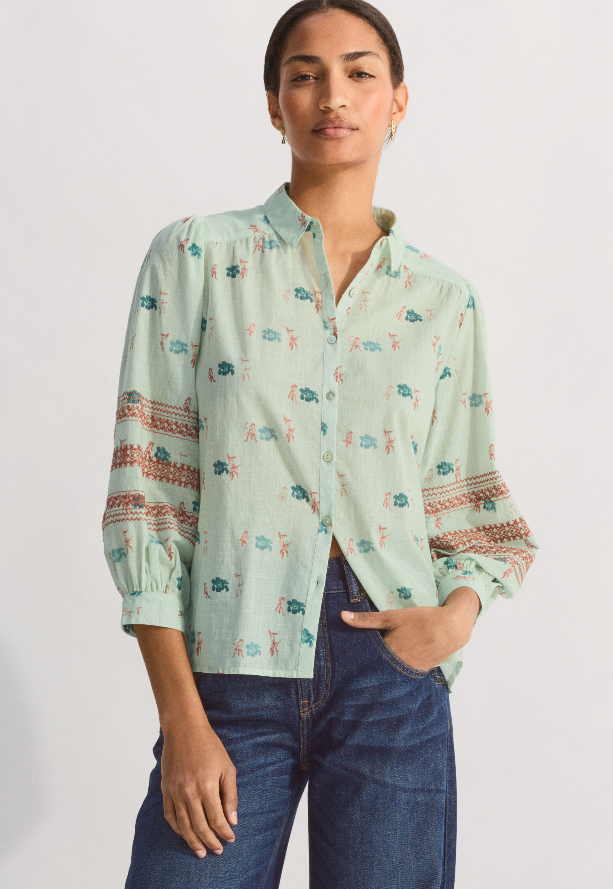 Embroidered printed blouse