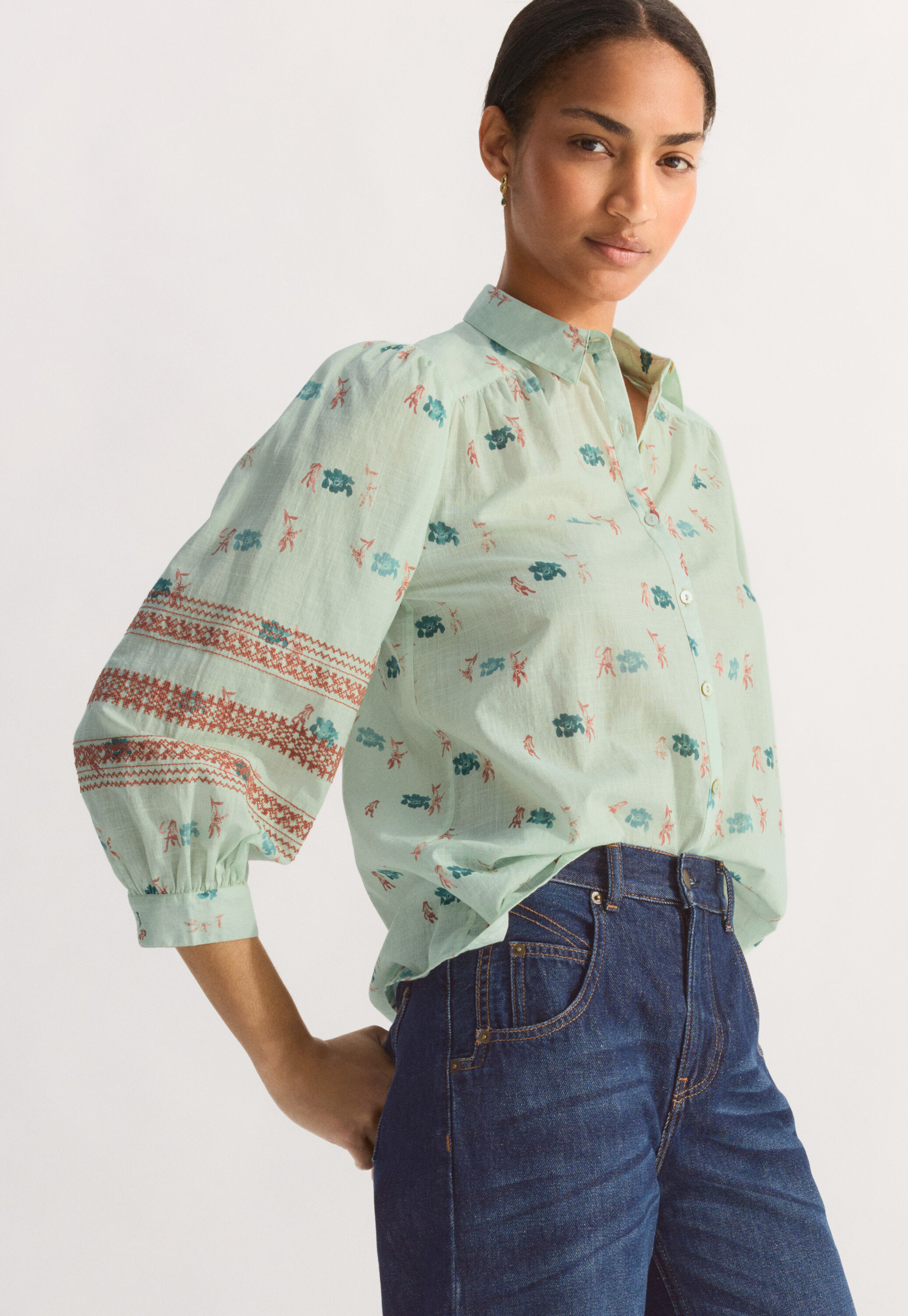 Embroidered printed blouse