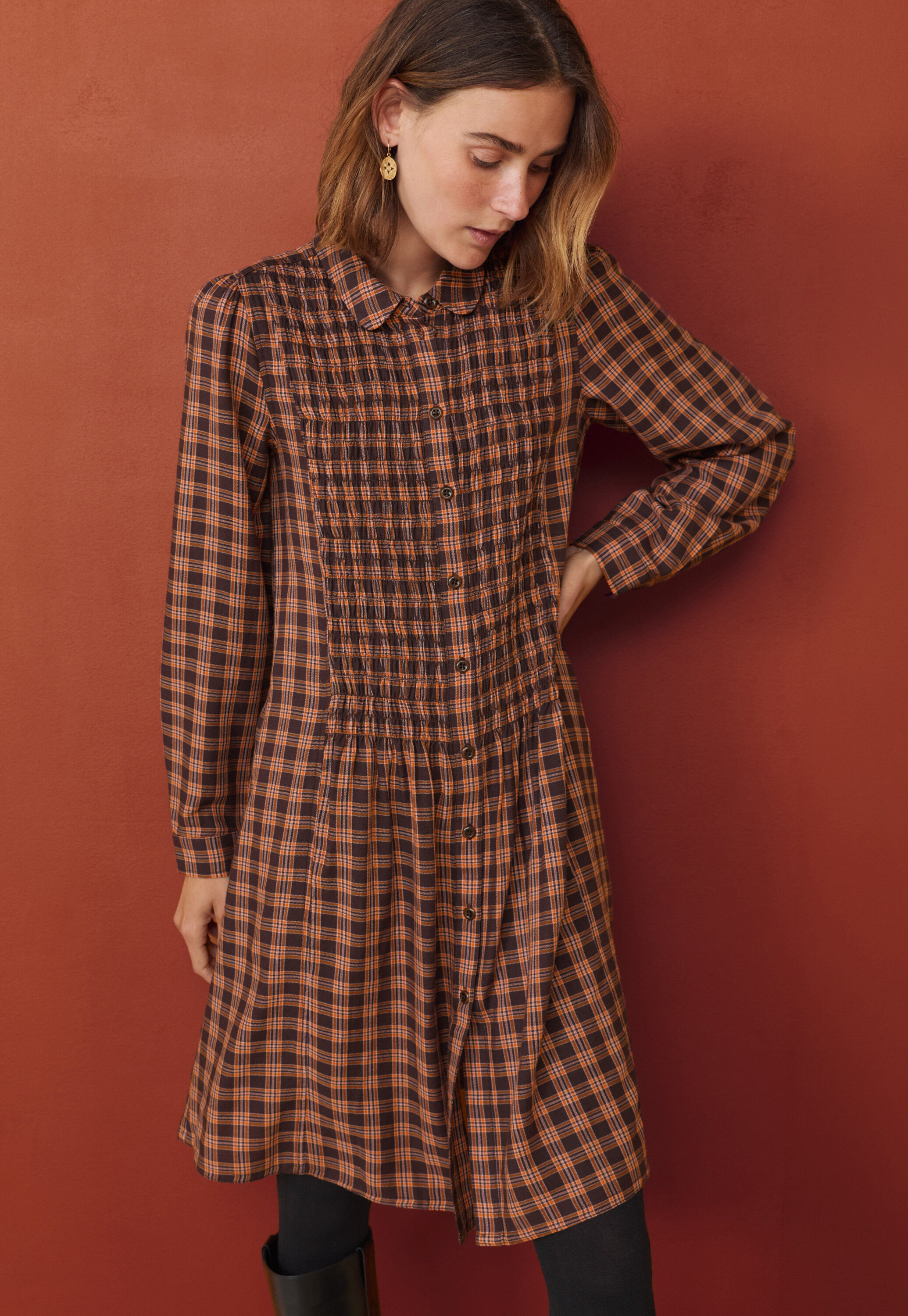 Shirred check dress