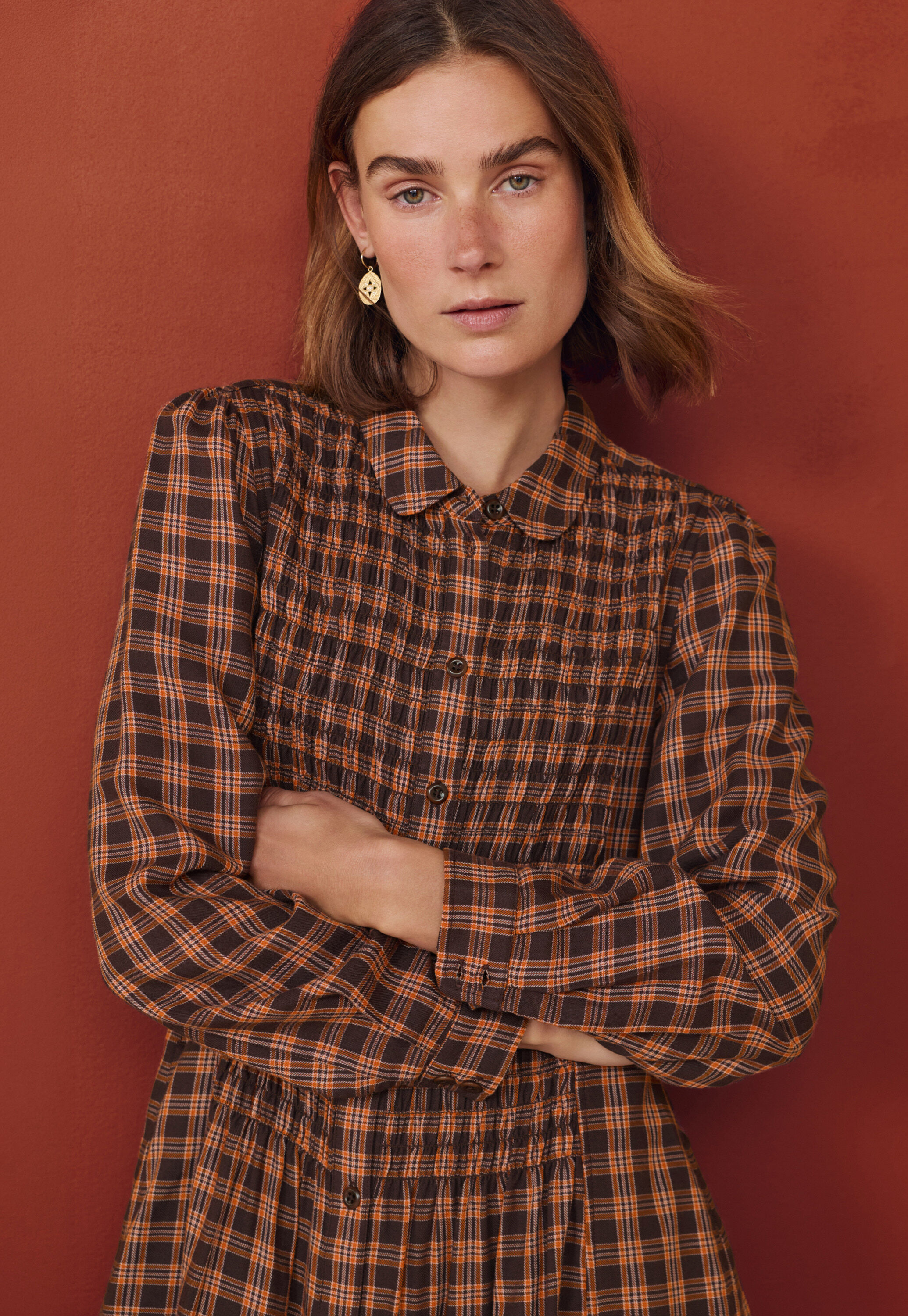 Shirred check dress