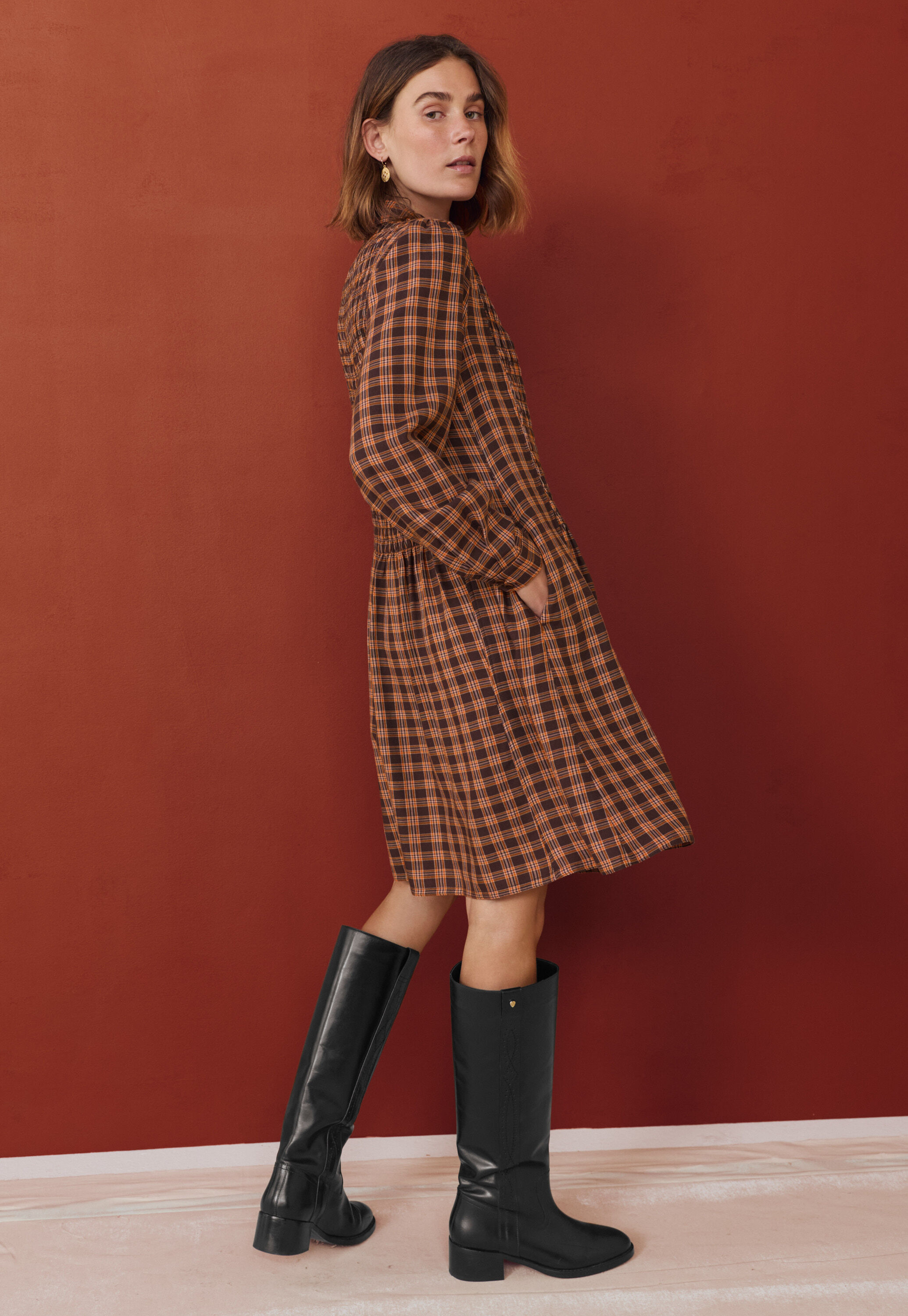 Shirred check dress