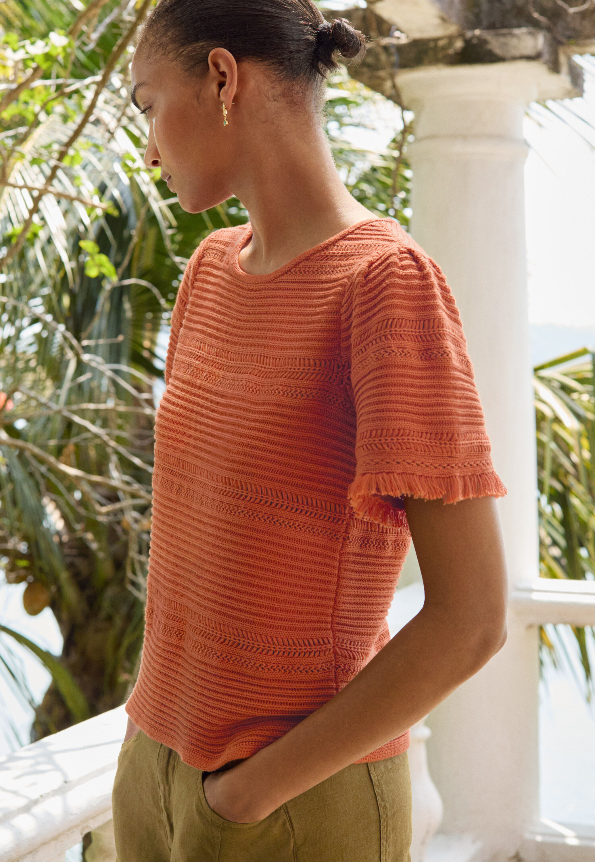 Rib-stitch fringed sweater