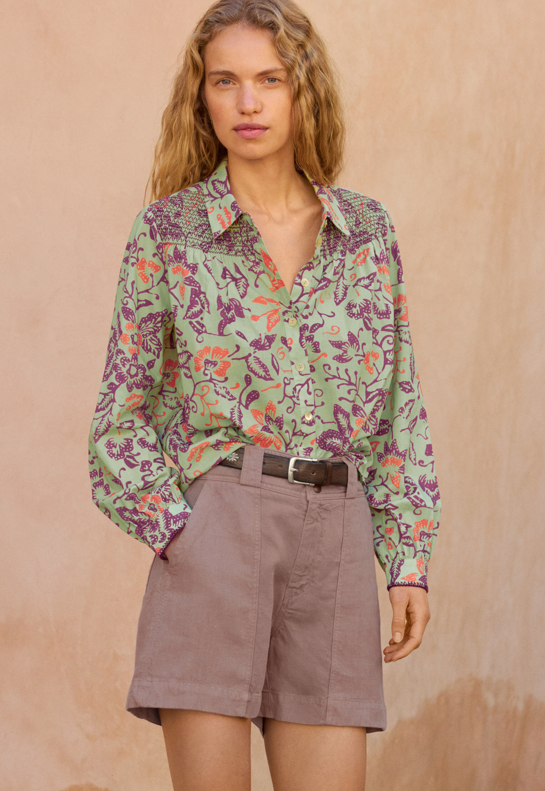 Printed shirring detail shirt
