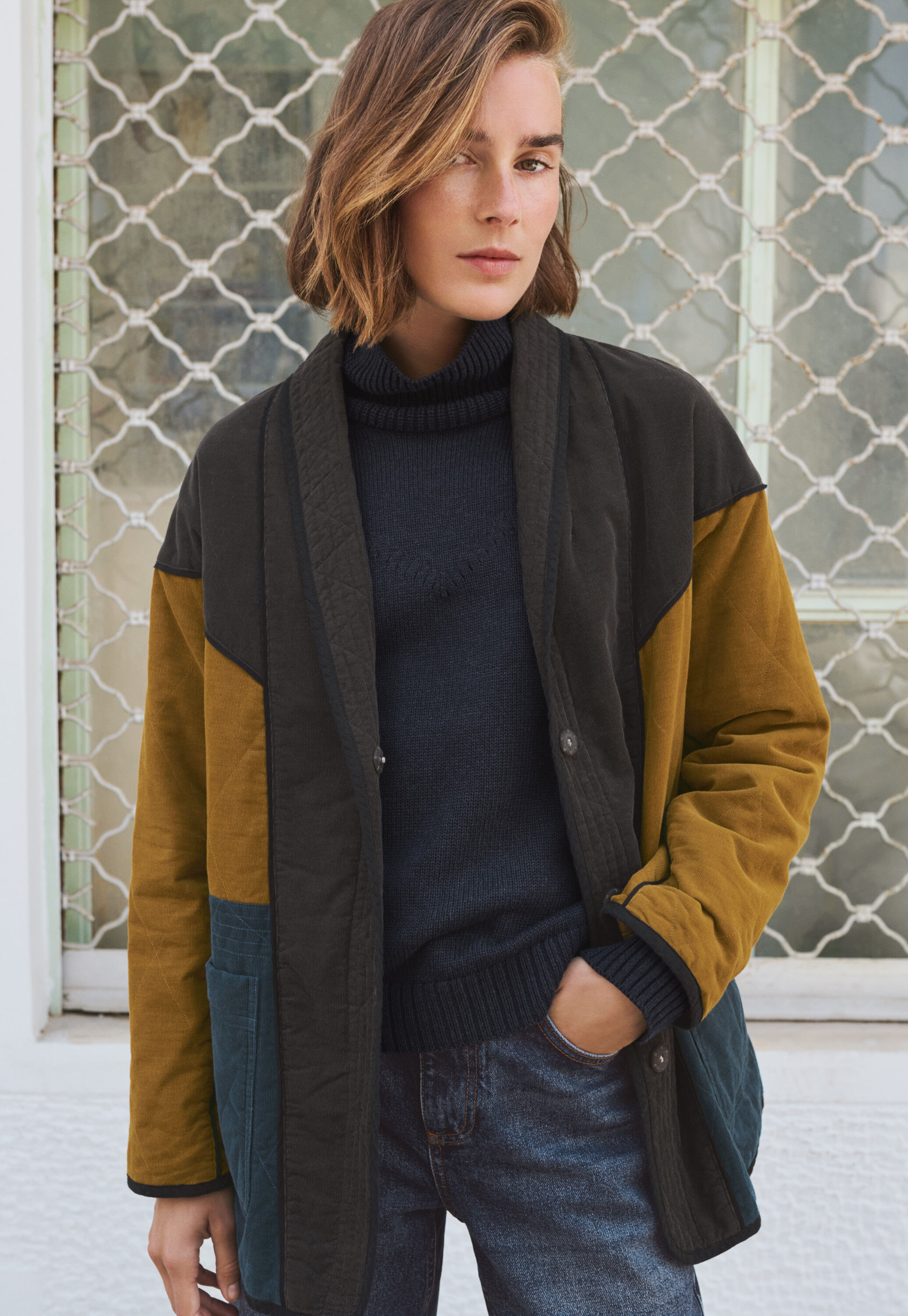 Panelled cord coat, Petrol ochre, large