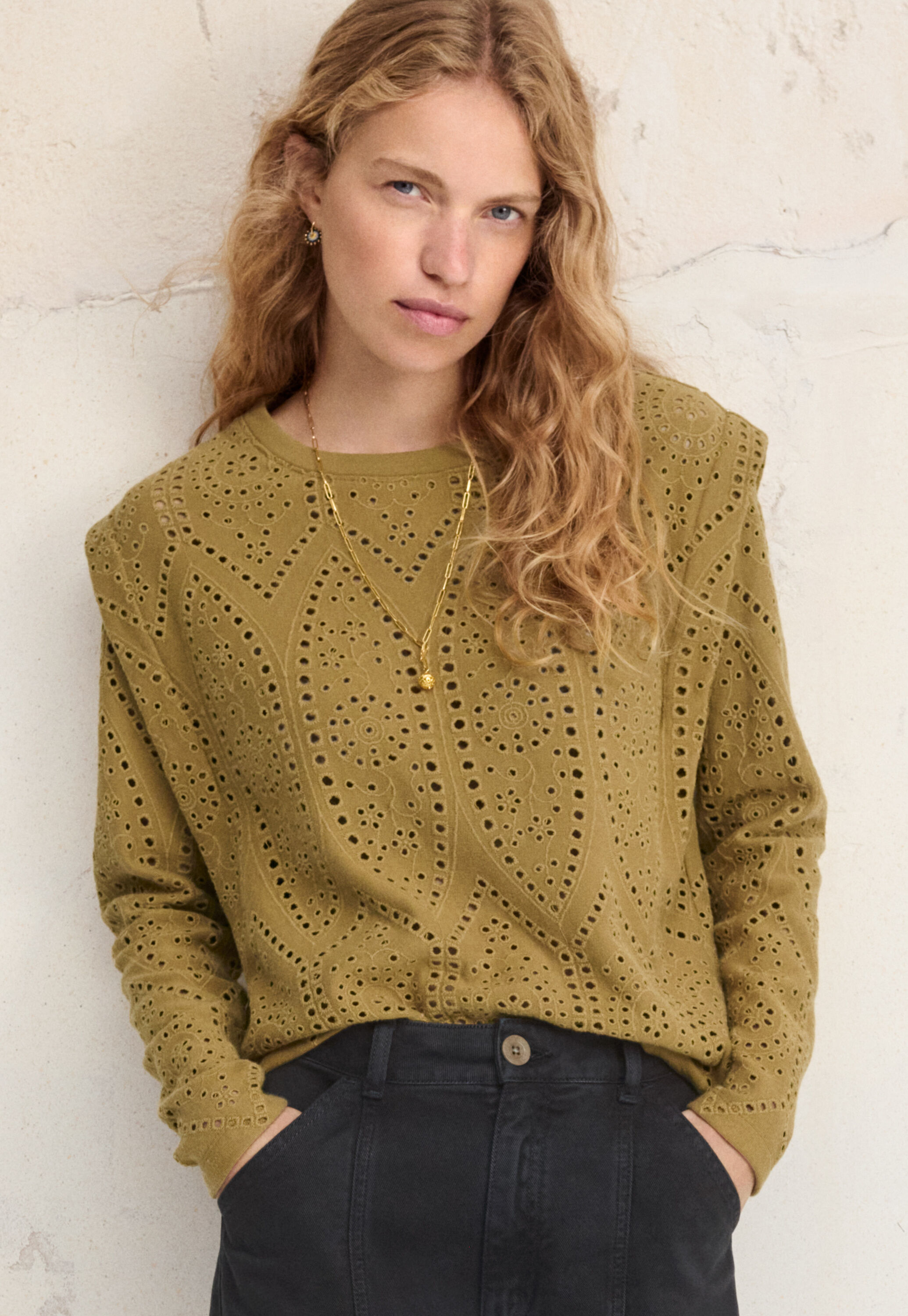 Broderie top, Golden olive, large