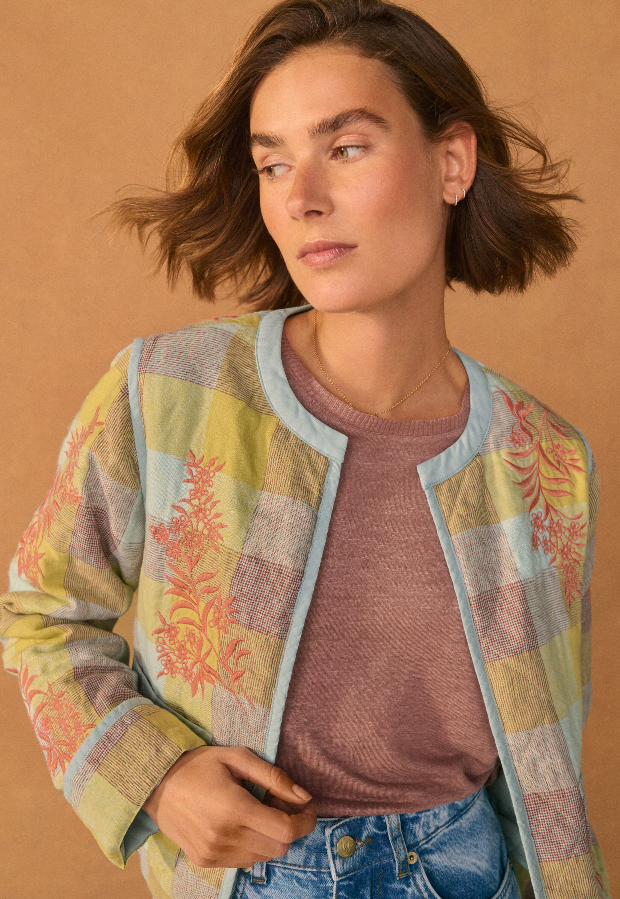 Embroidered gingham jacket, Yellow brick, large