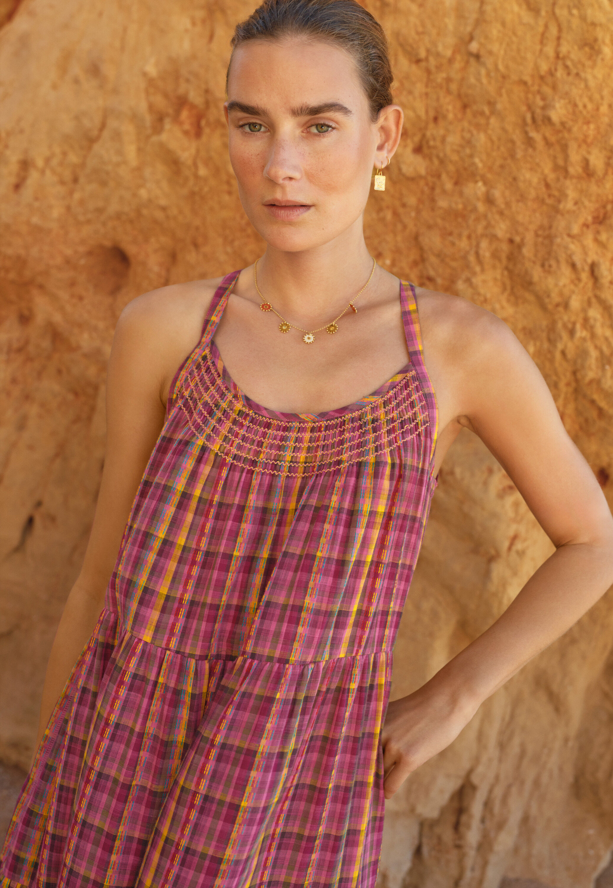 Checked maxi-dress, Magenta orange, large