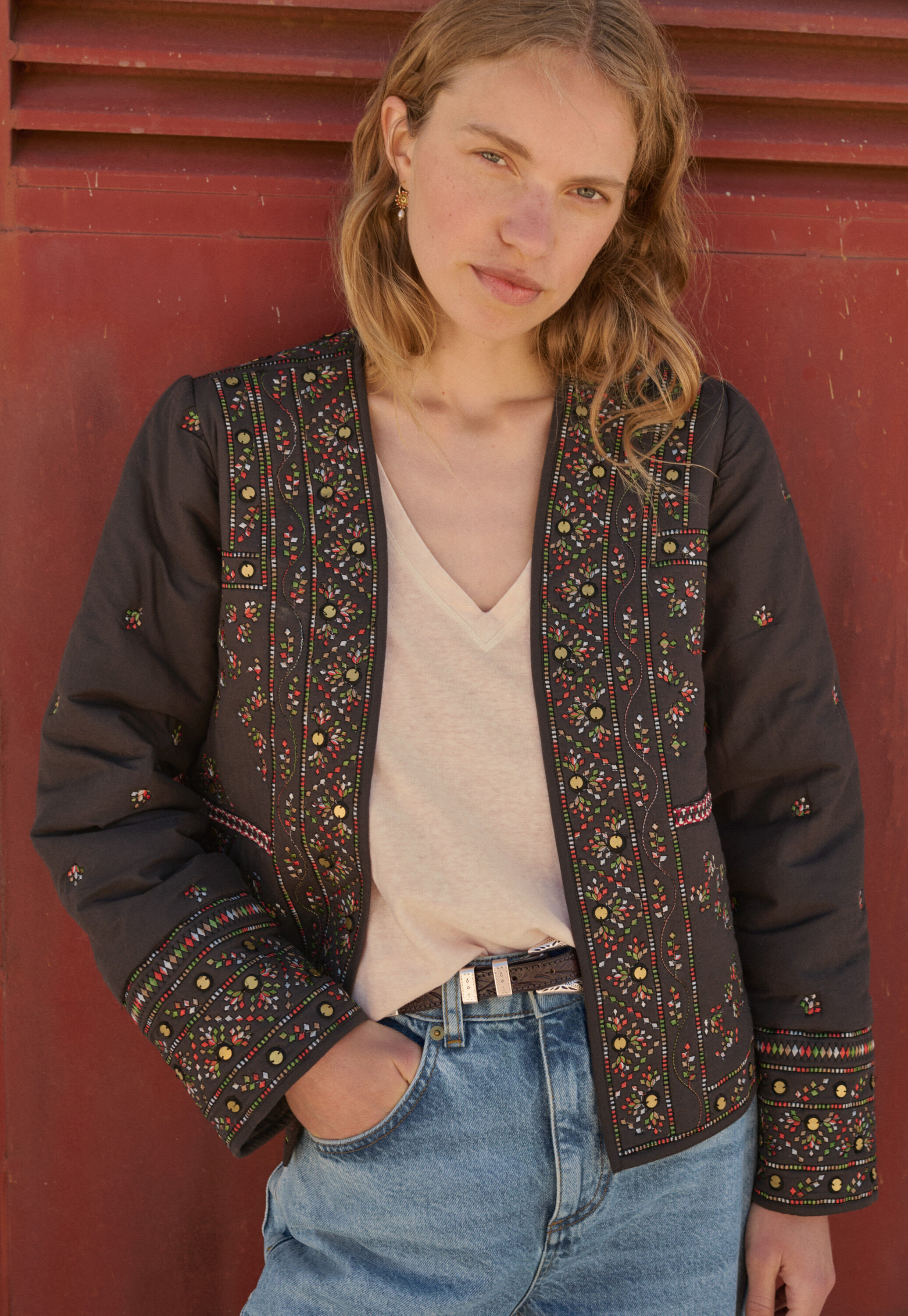 Quilted embroidered jacket, Charcoal, large