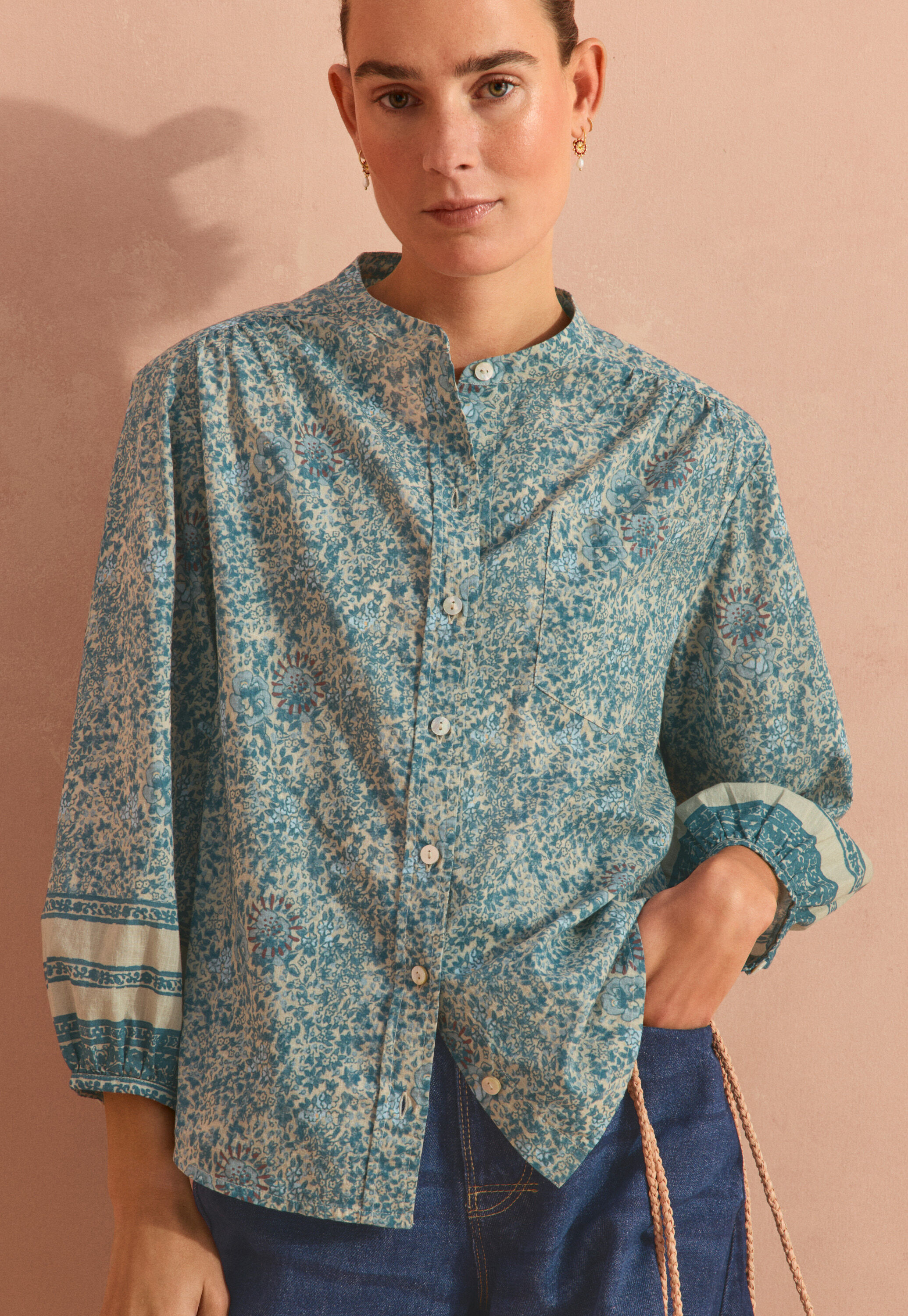 Printed boyfriend blouse, Blue stone, large