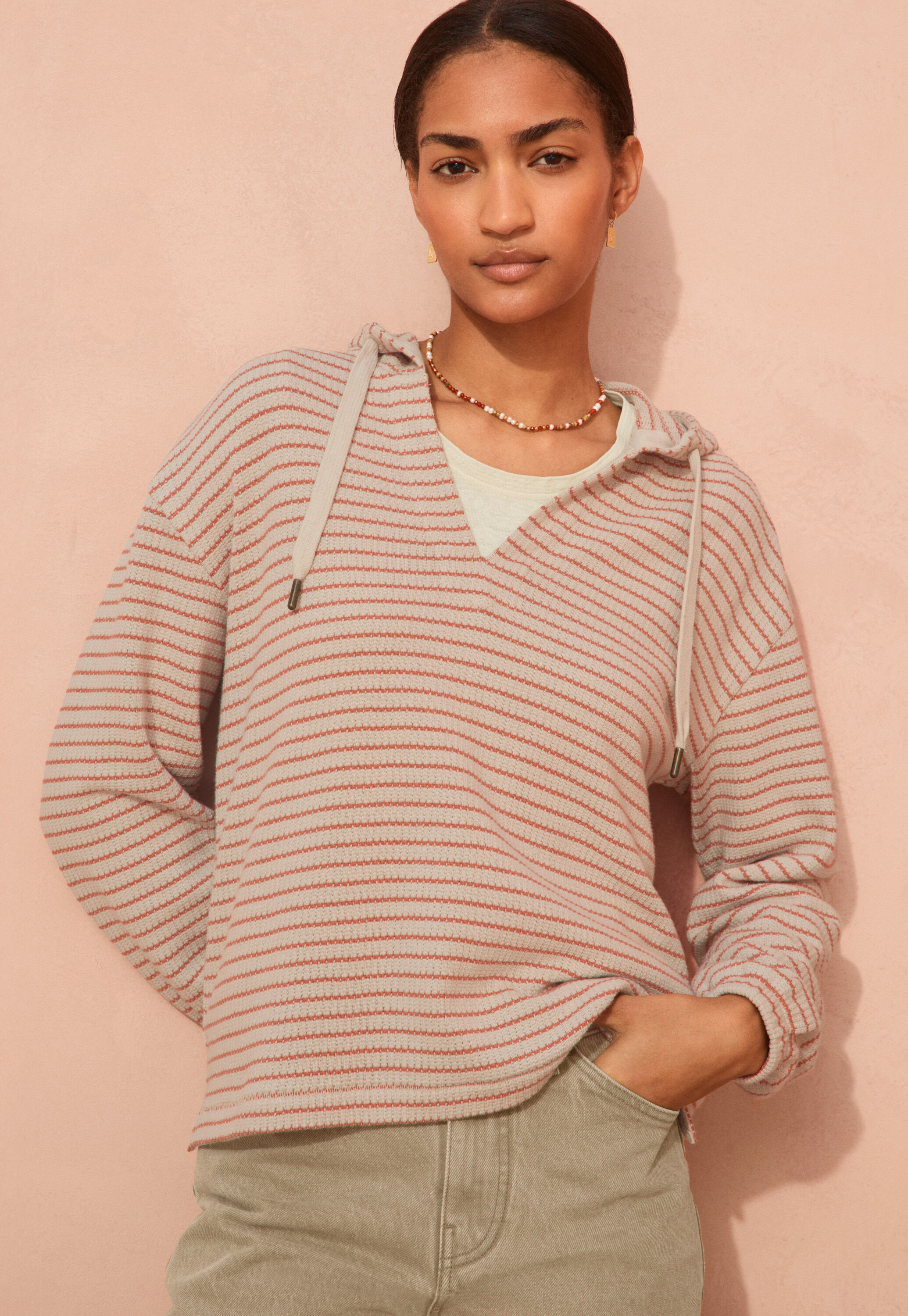 Textured striped hoodie, Parchment peach, large
