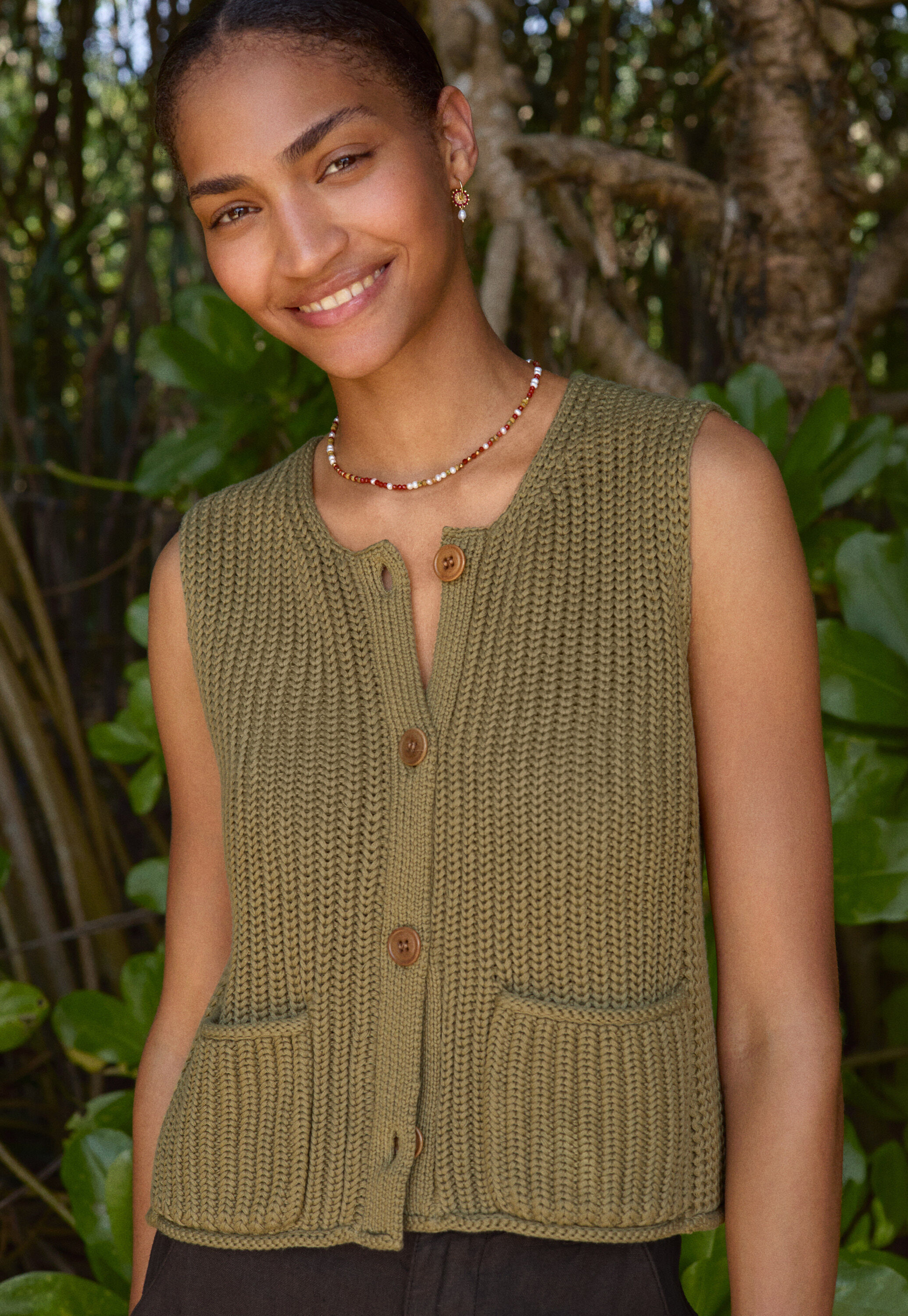Sleeveless cardigan, Khaki olive, large