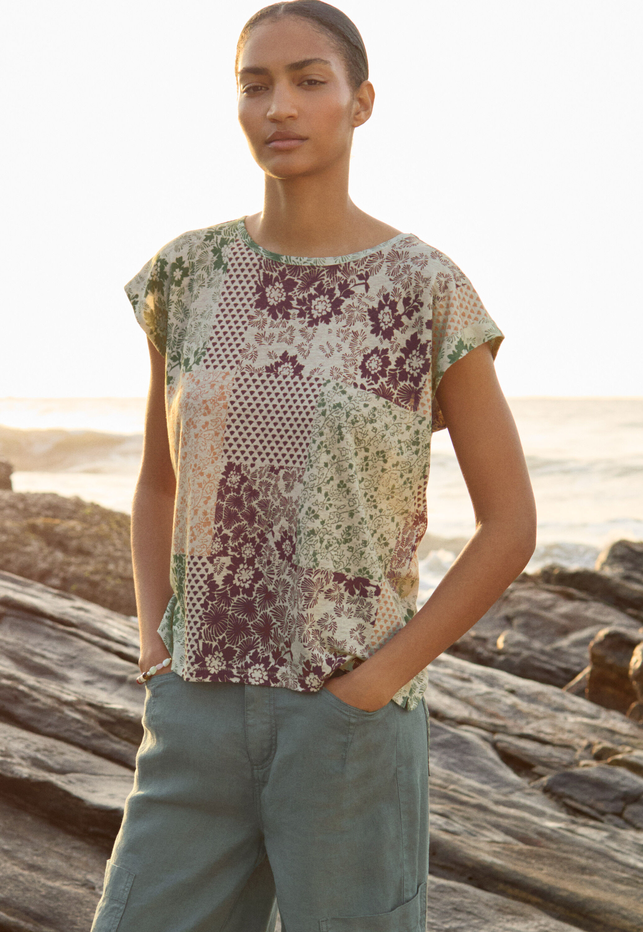 Printed jersey top, Ivory plum, large