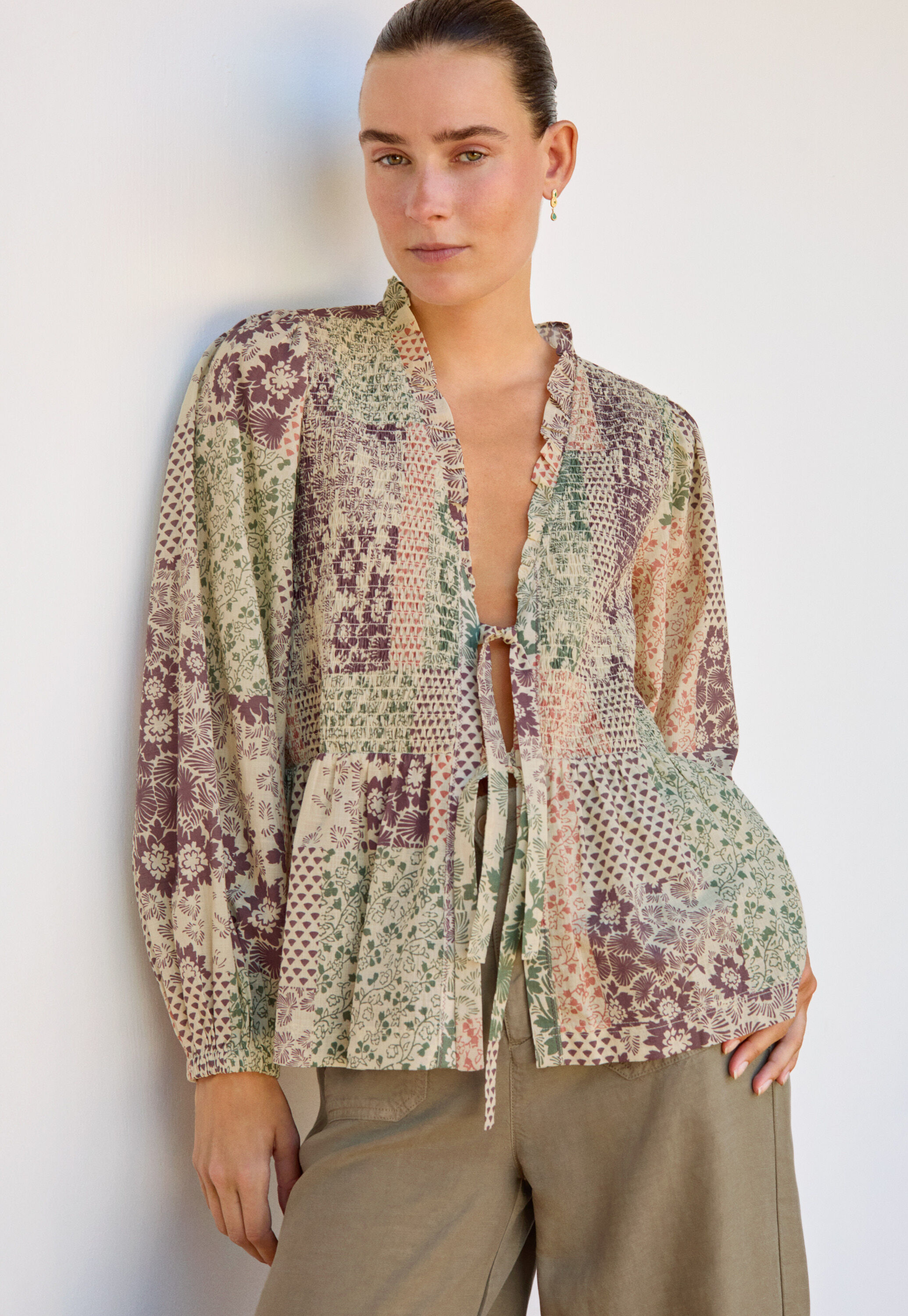 Tie-front printed blouse