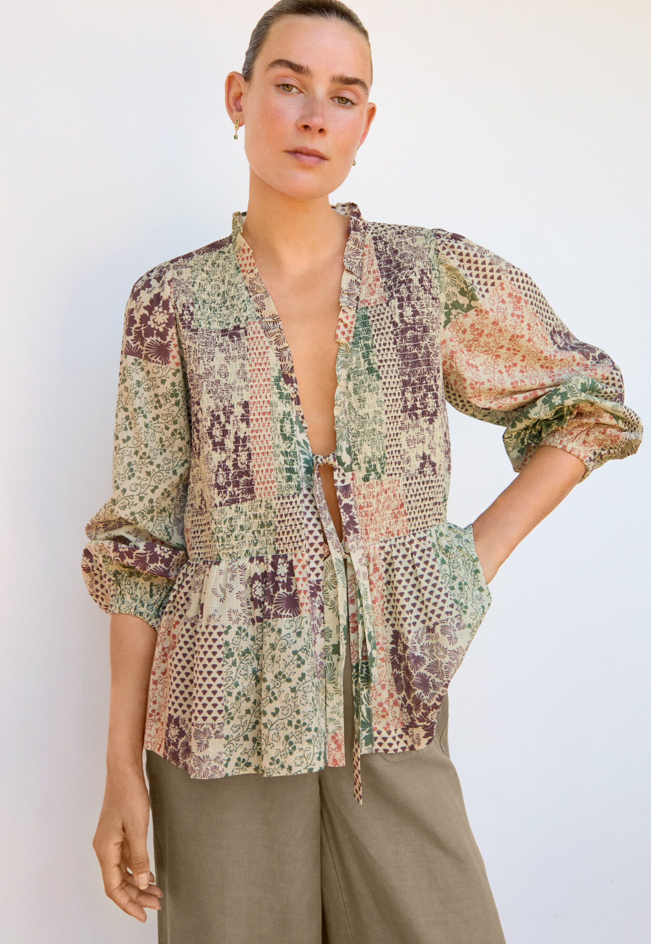 Tie-front printed blouse, Ivory plum, large