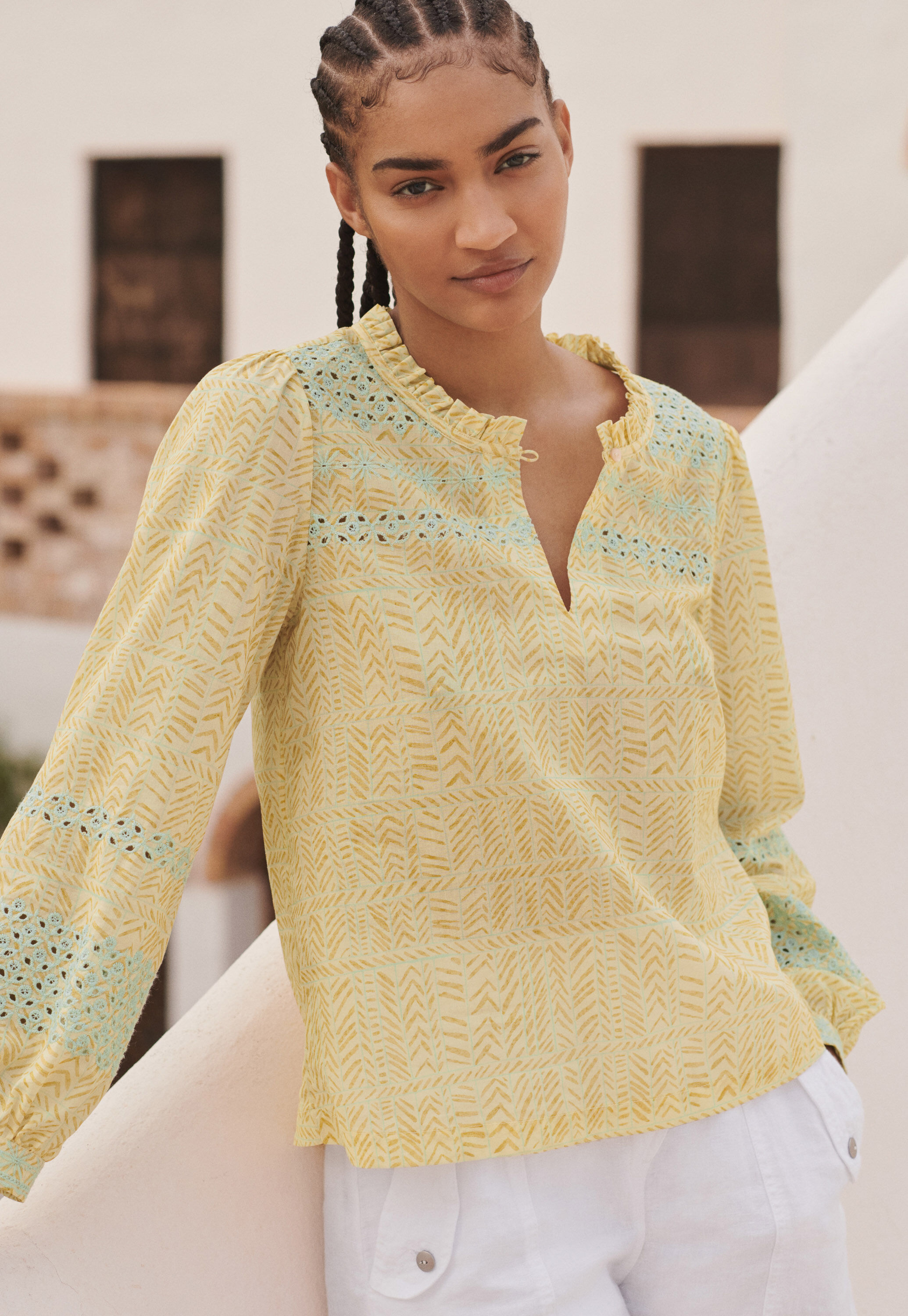 Print and broderie blouse