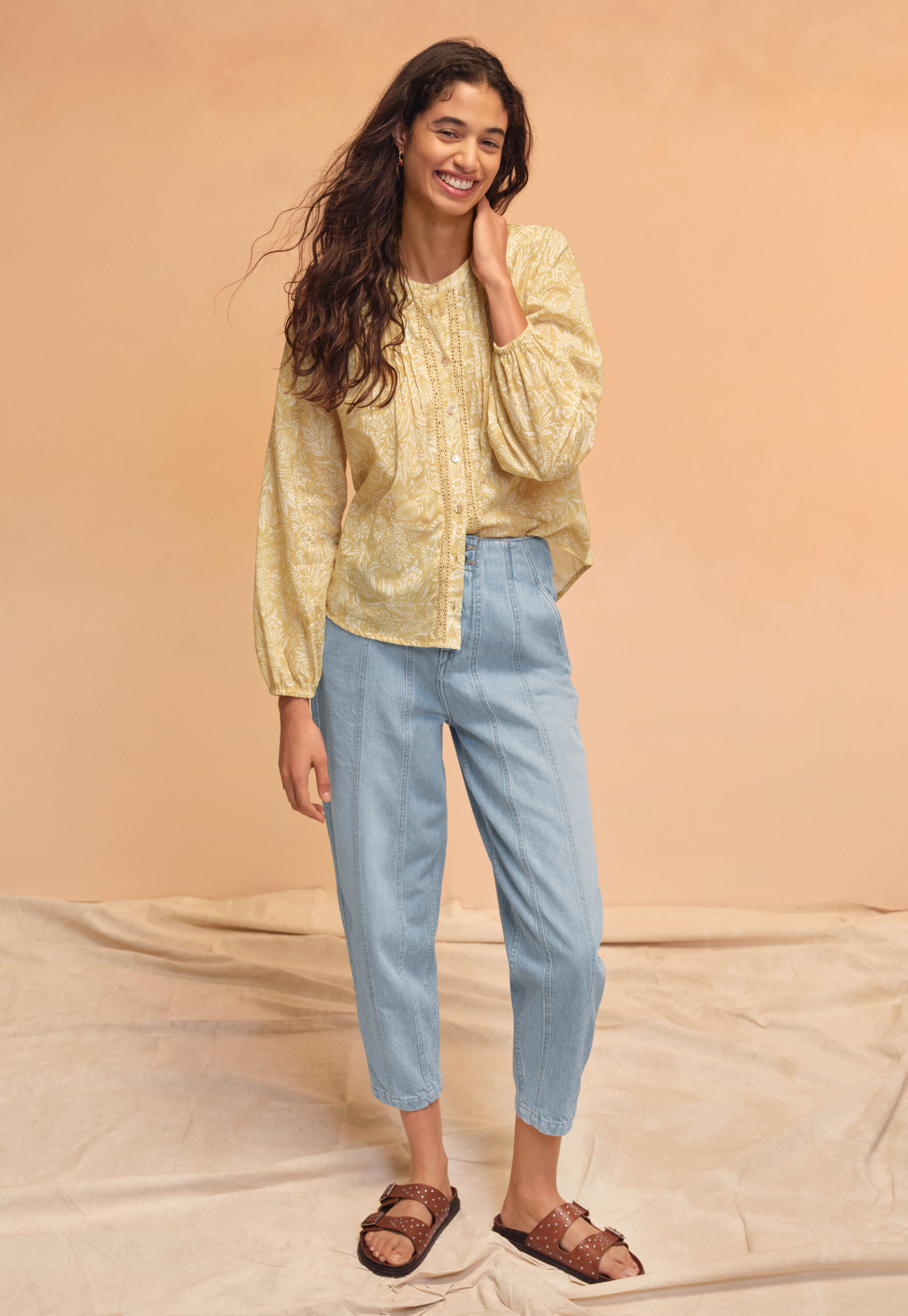 Printed lace-detail blouse, Yellow sun, large