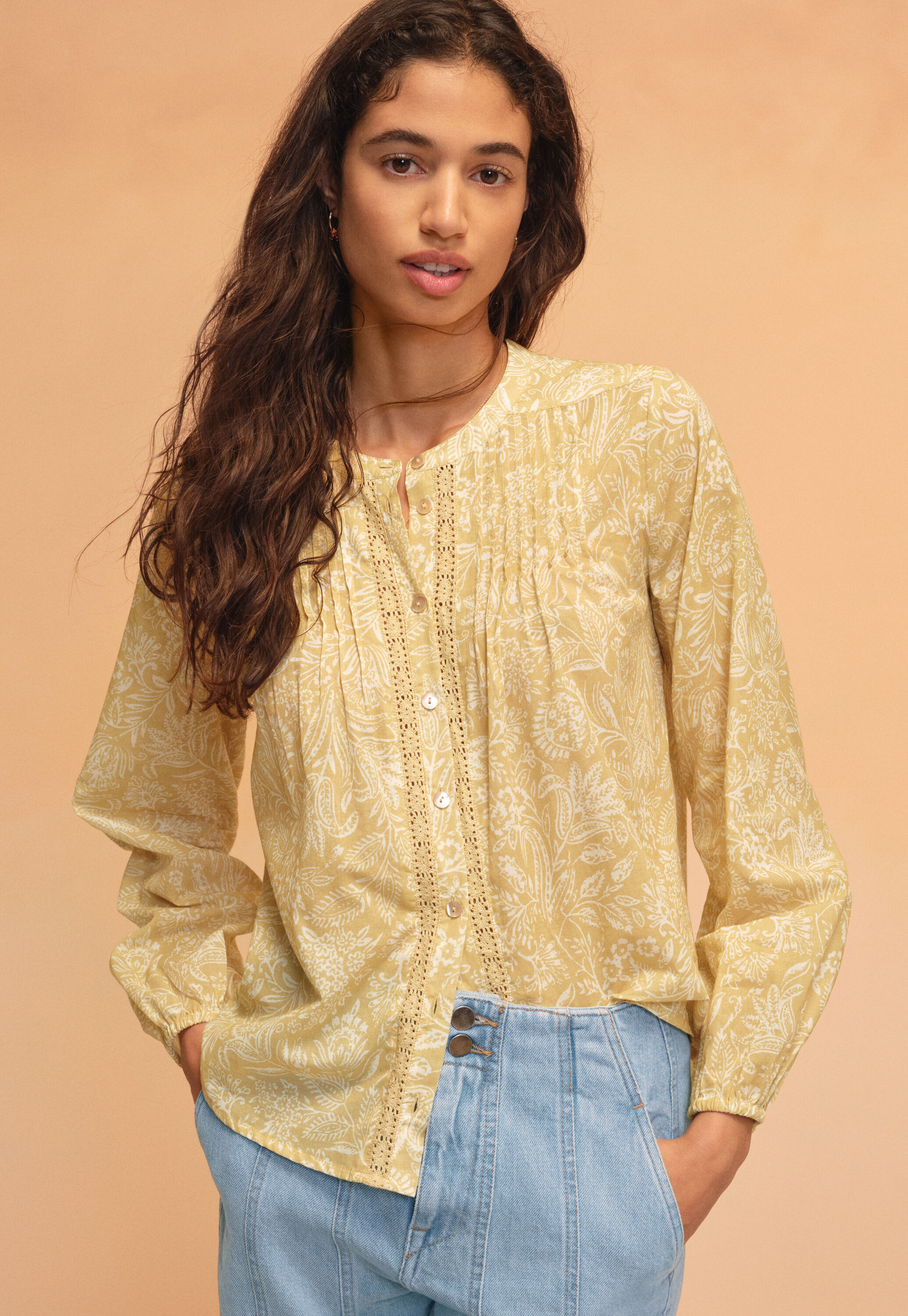 Printed lace-detail blouse