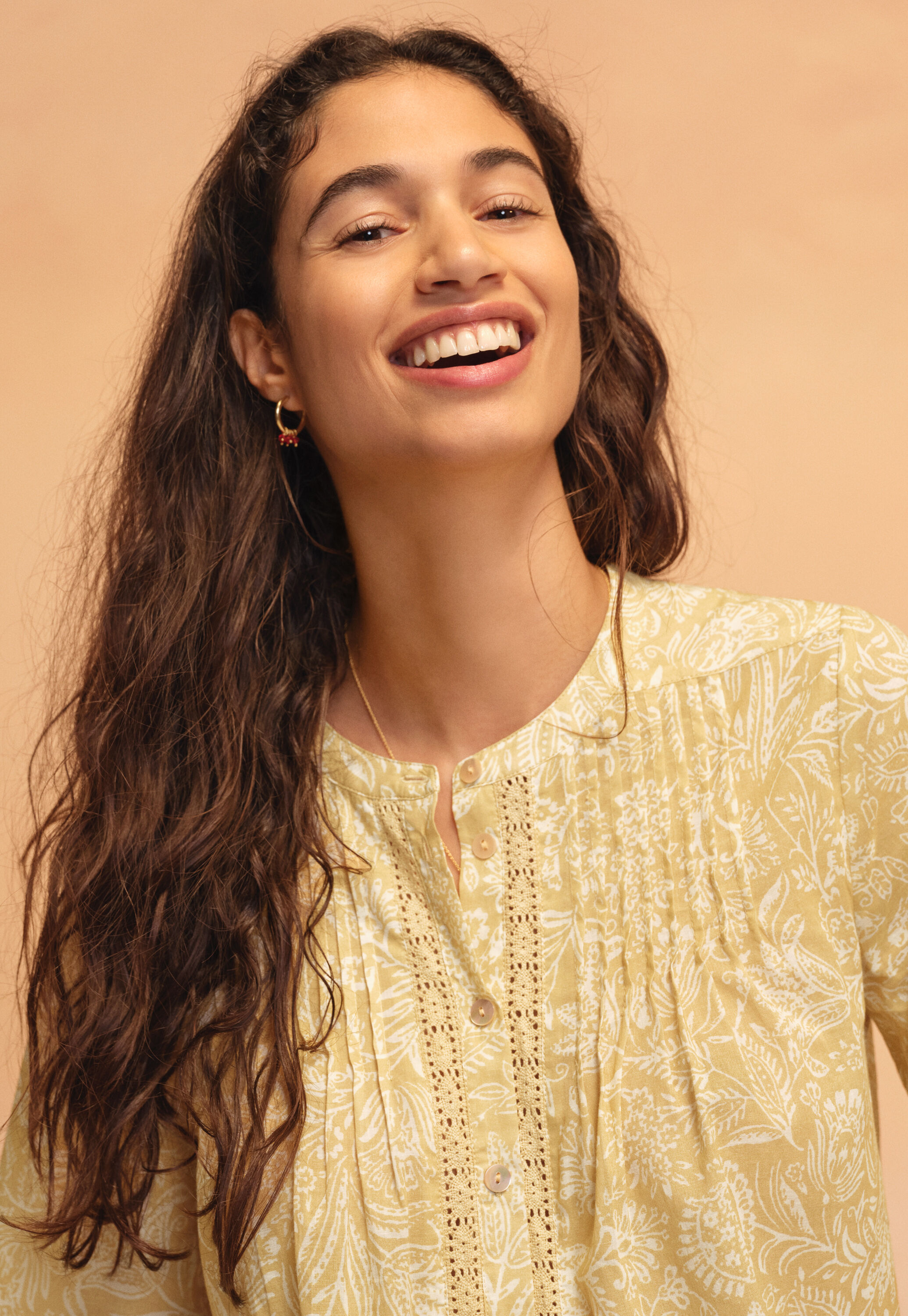 Printed lace-detail blouse, Yellow sun, large