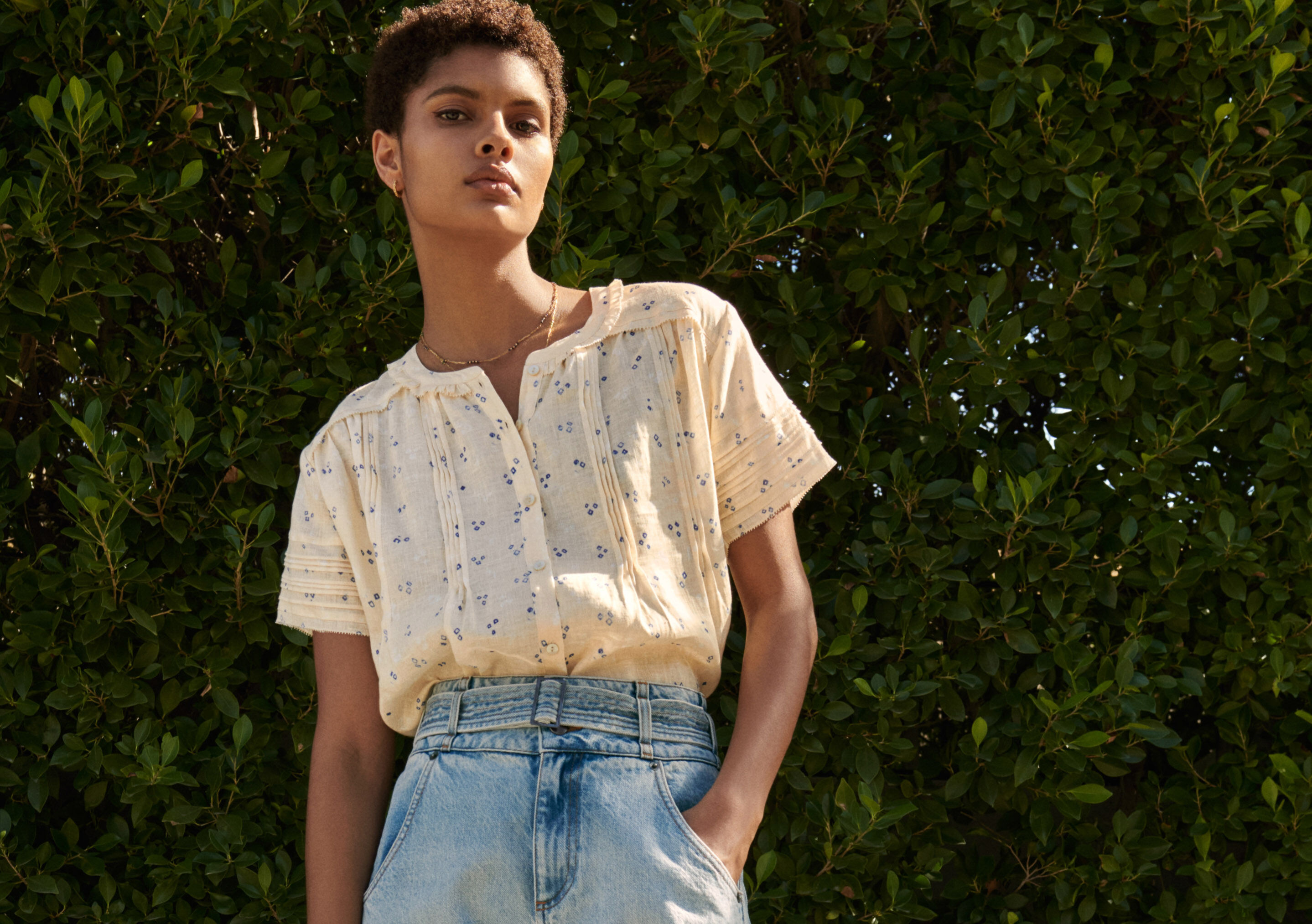 Printed pintuck blouse