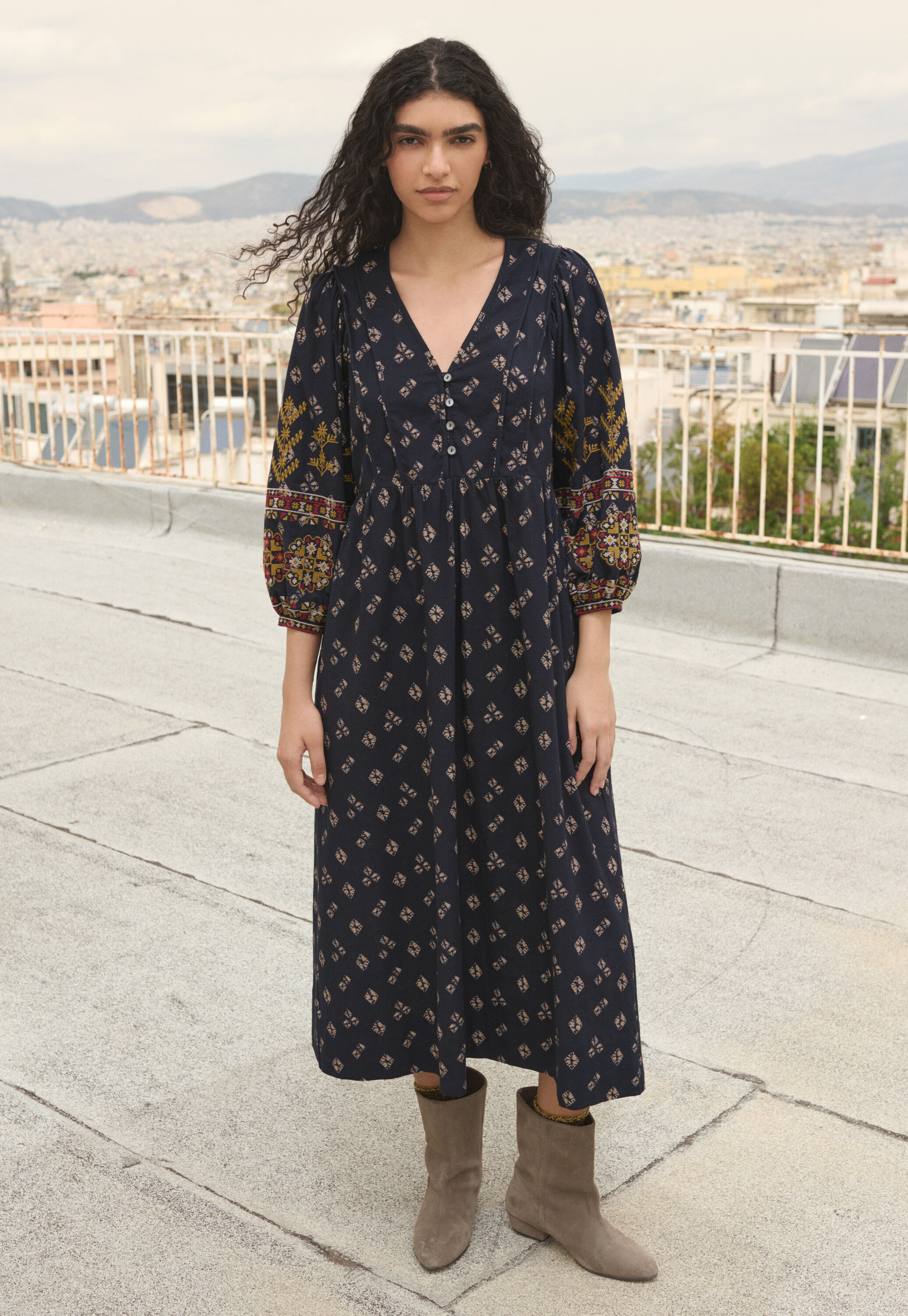Embroidered printed dress, Midnight, large