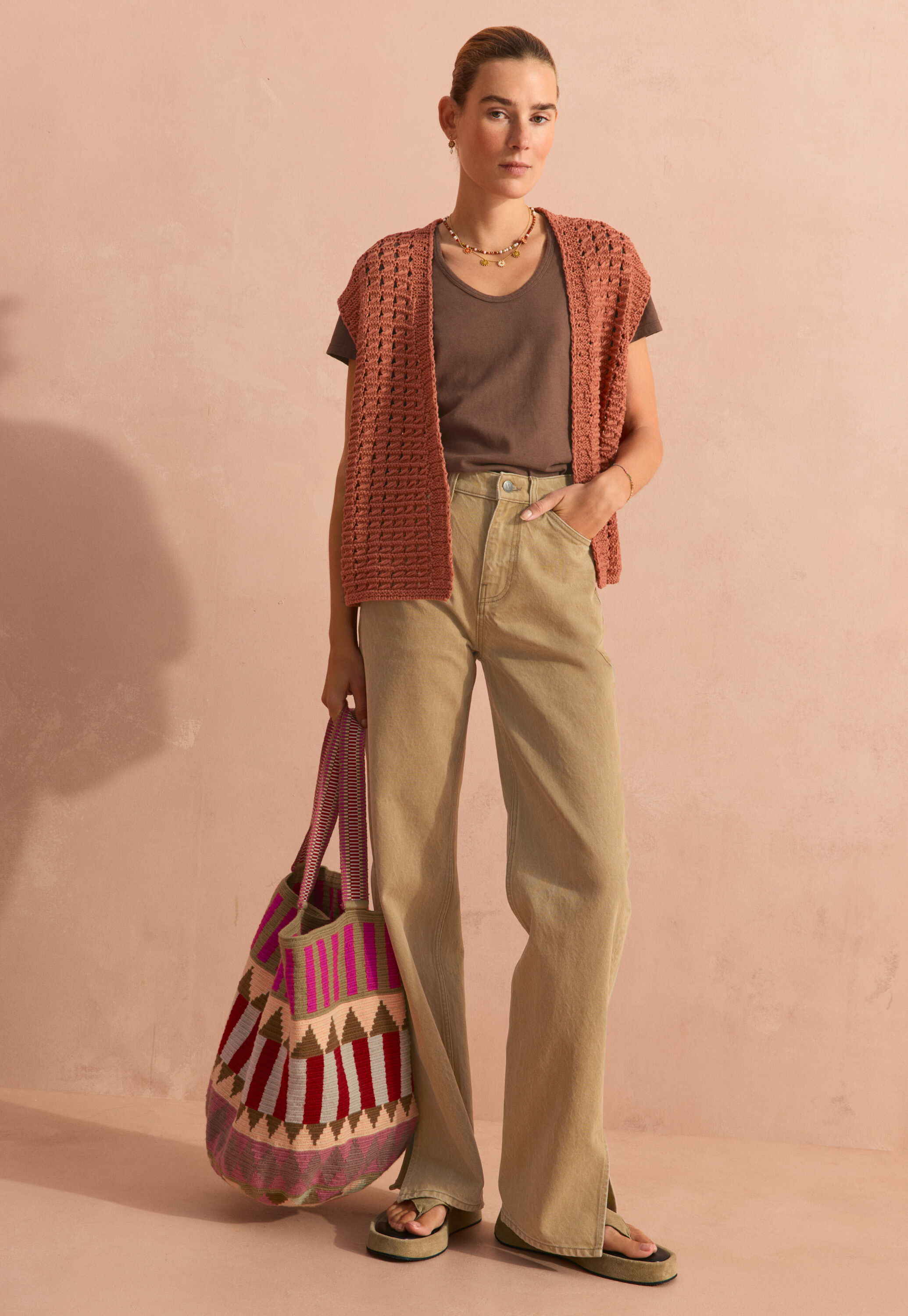 Crochet-stitch waistcoat, Terracotta, large