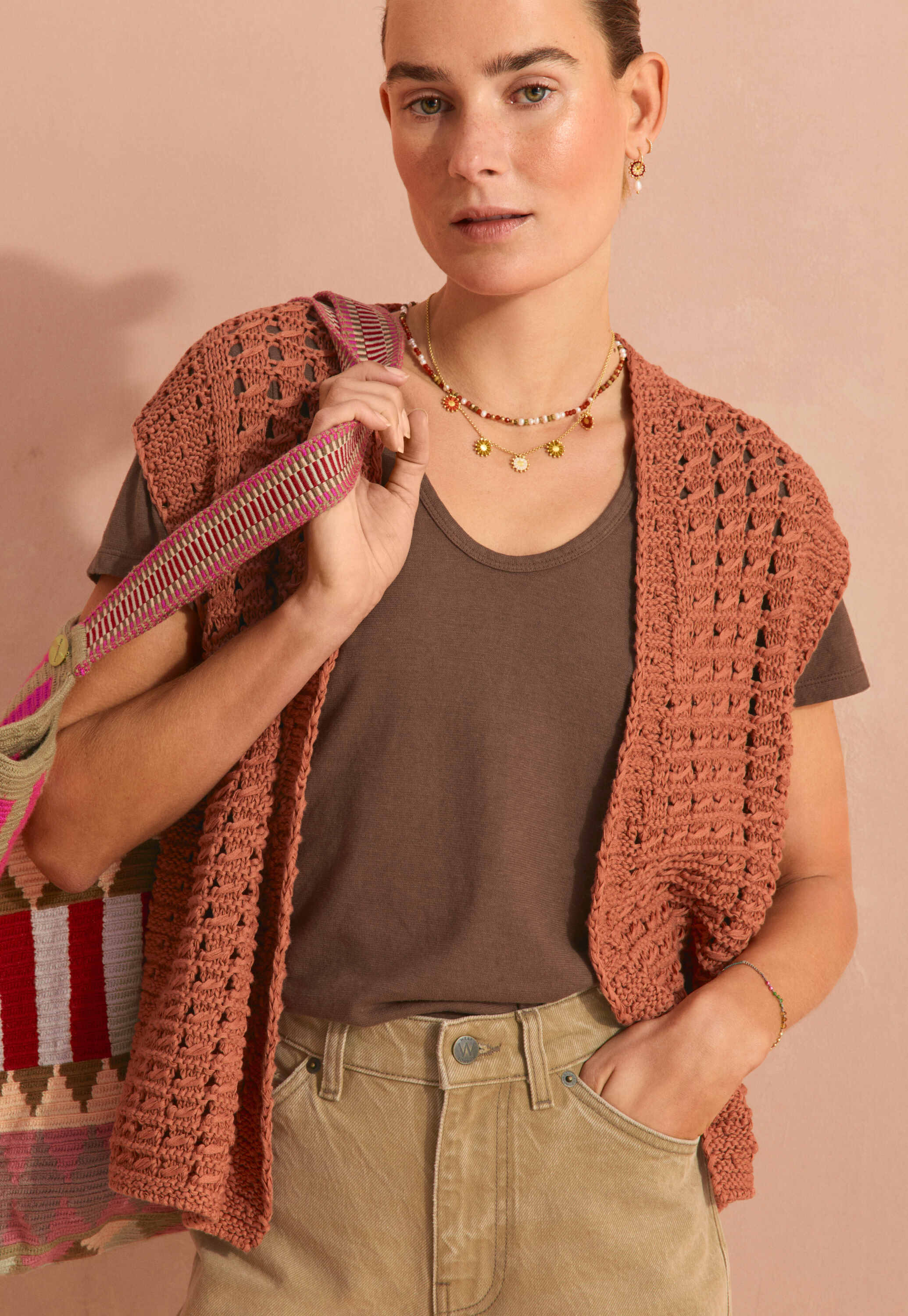 Crochet-stitch waistcoat, Terracotta, large