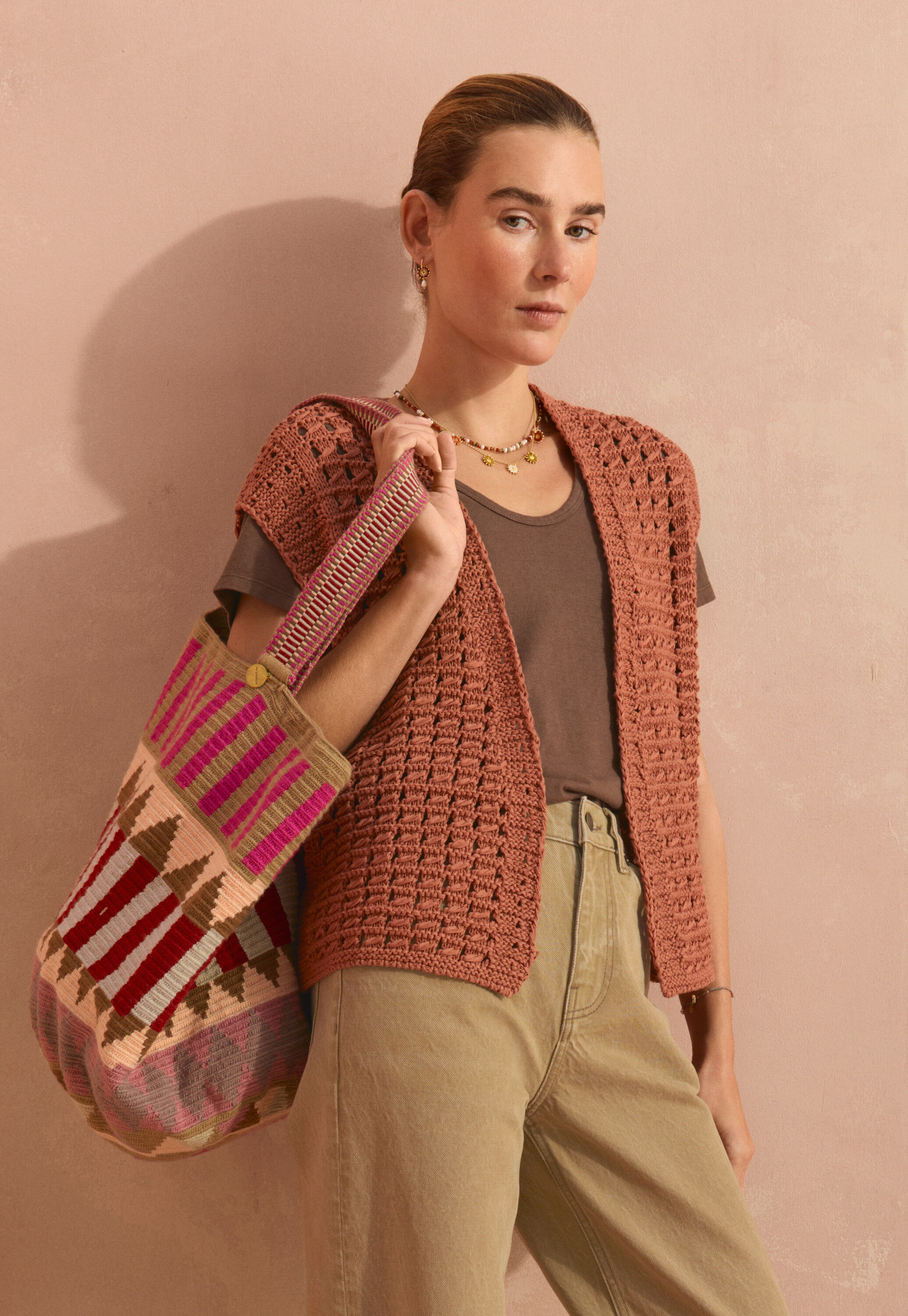Crochet-stitch waistcoat, Terracotta, large