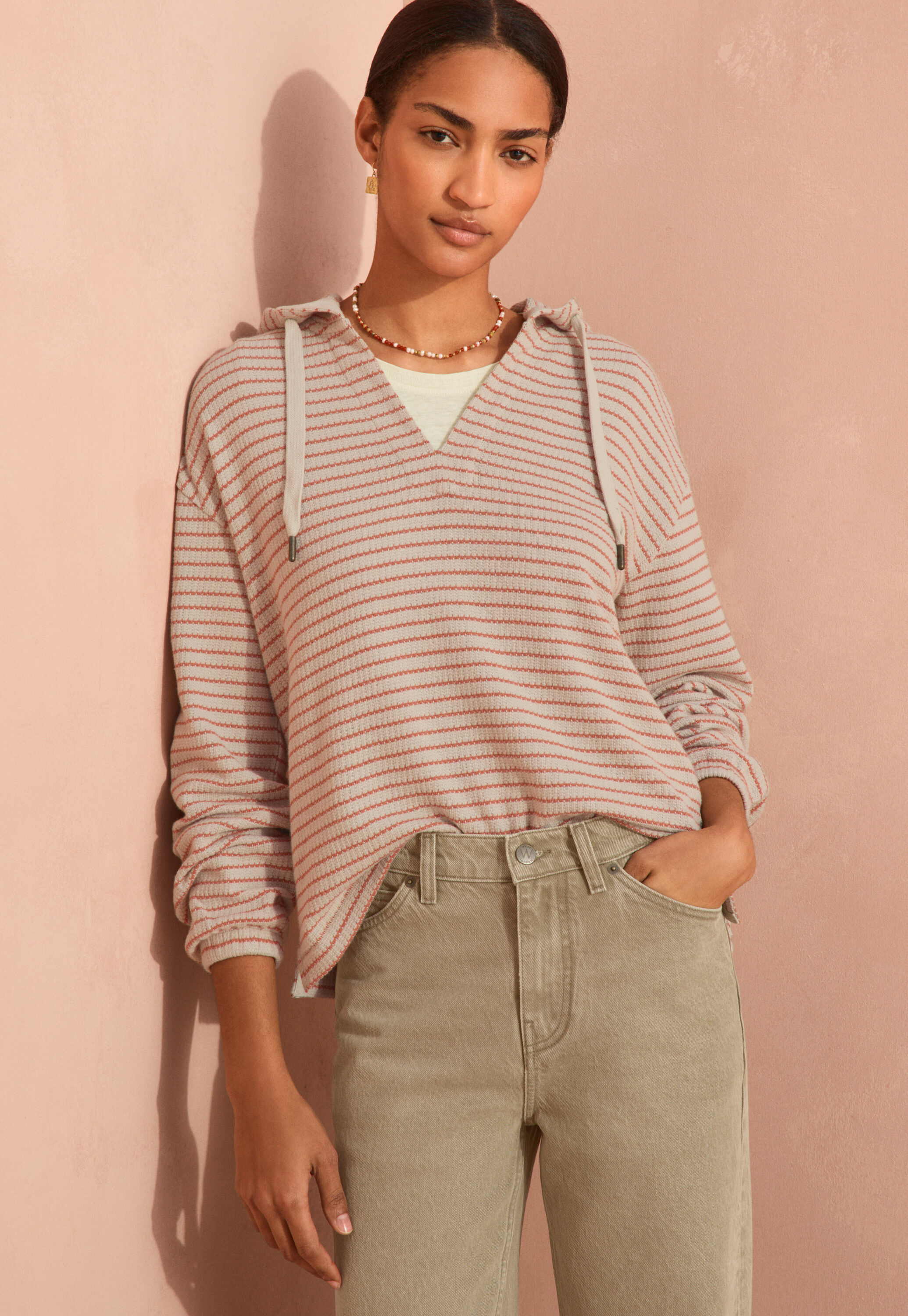 Textured striped hoodie, Parchment peach, large