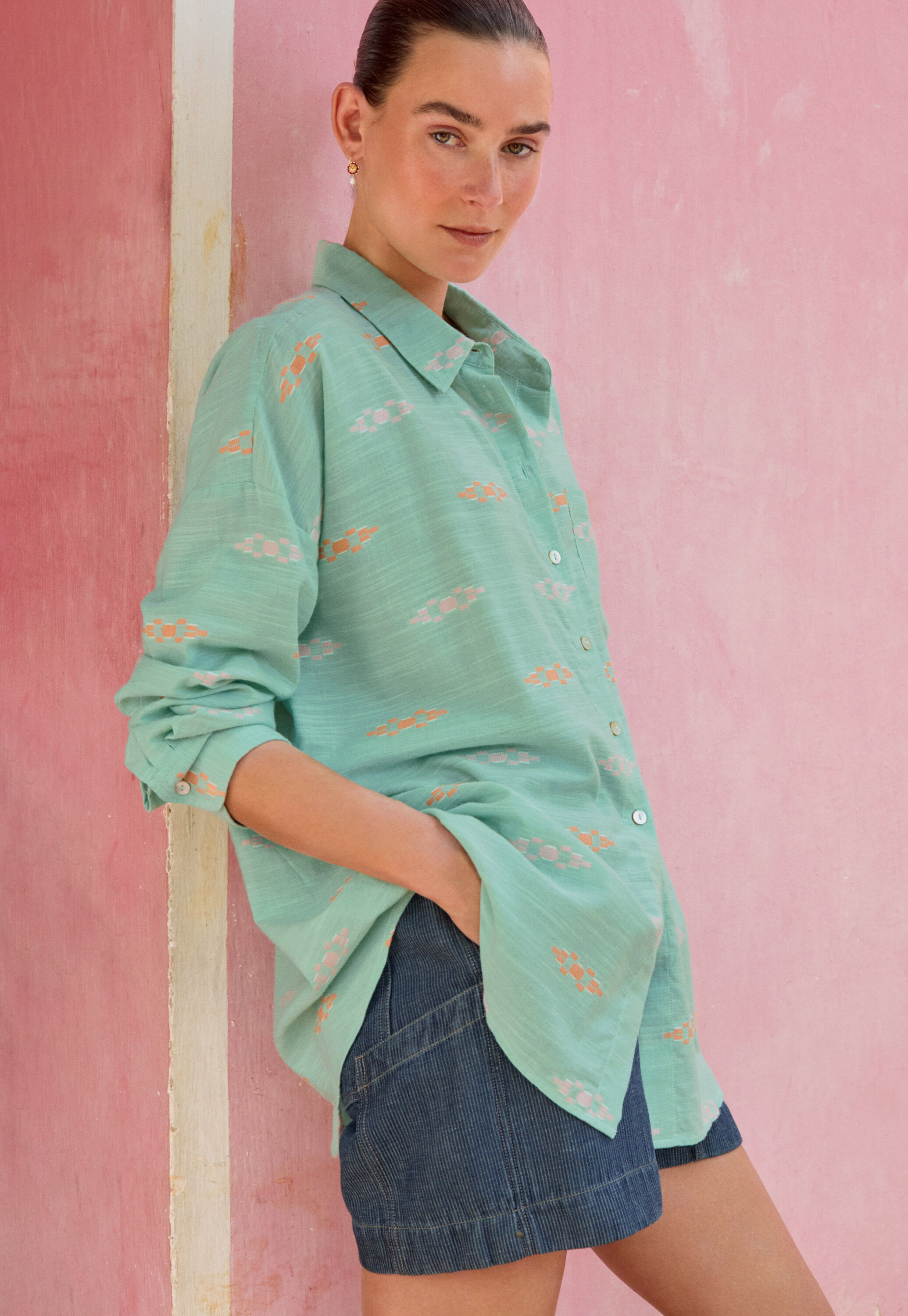 Clipped jacquard shirt, Seafoam orange, large