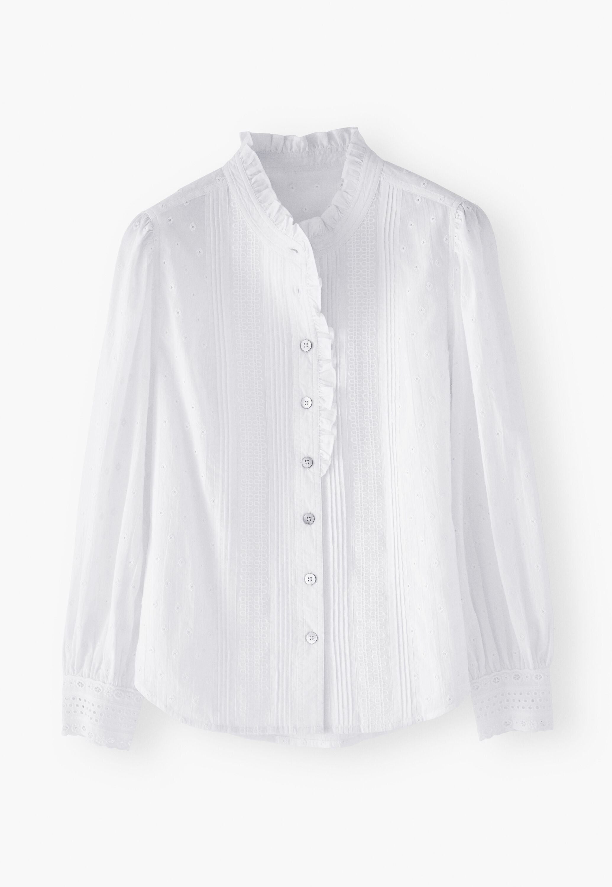 Ruffle-neck broderie blouse, White, large