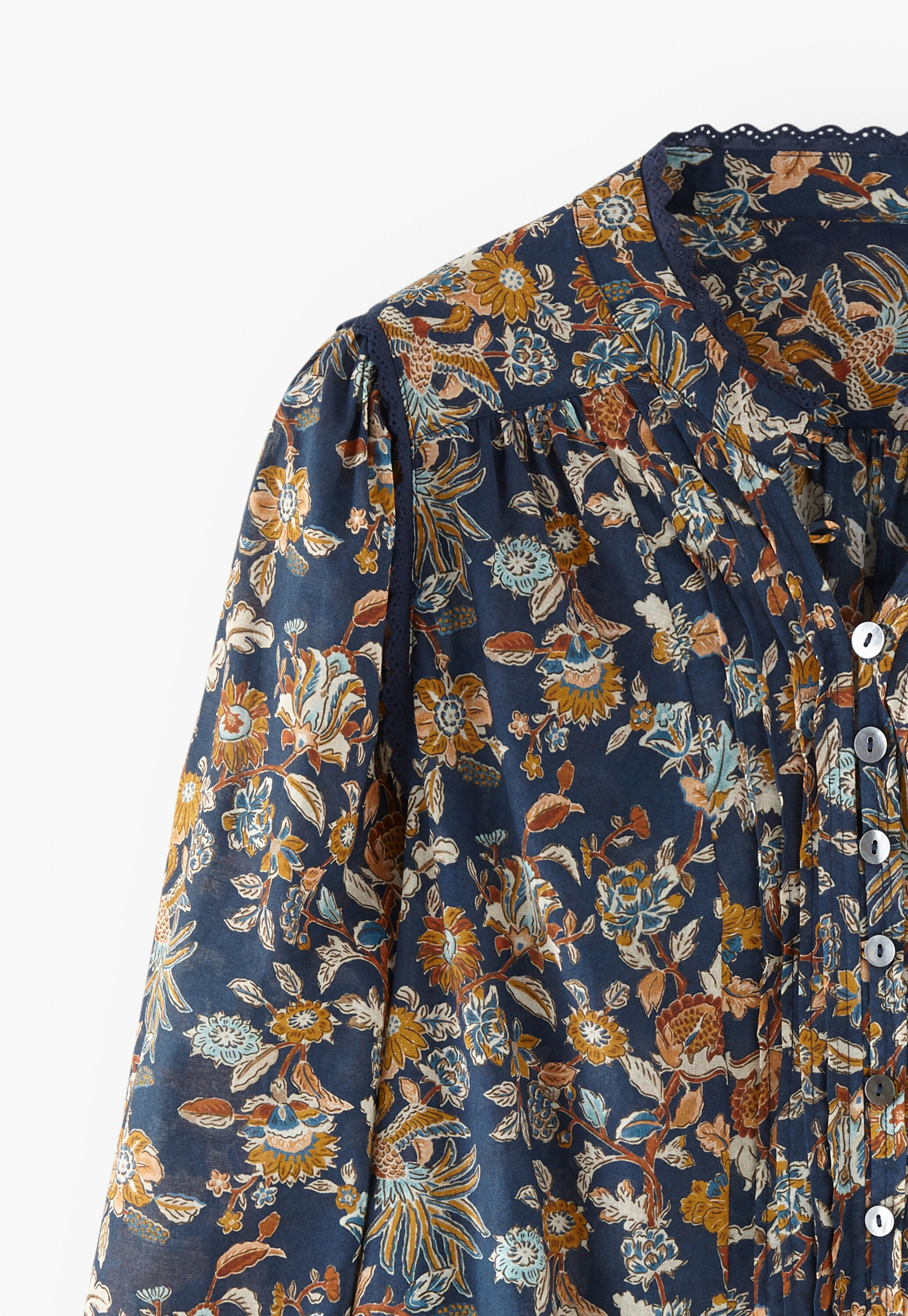 Printed pleat-detail blouse, Indigo ochre, large