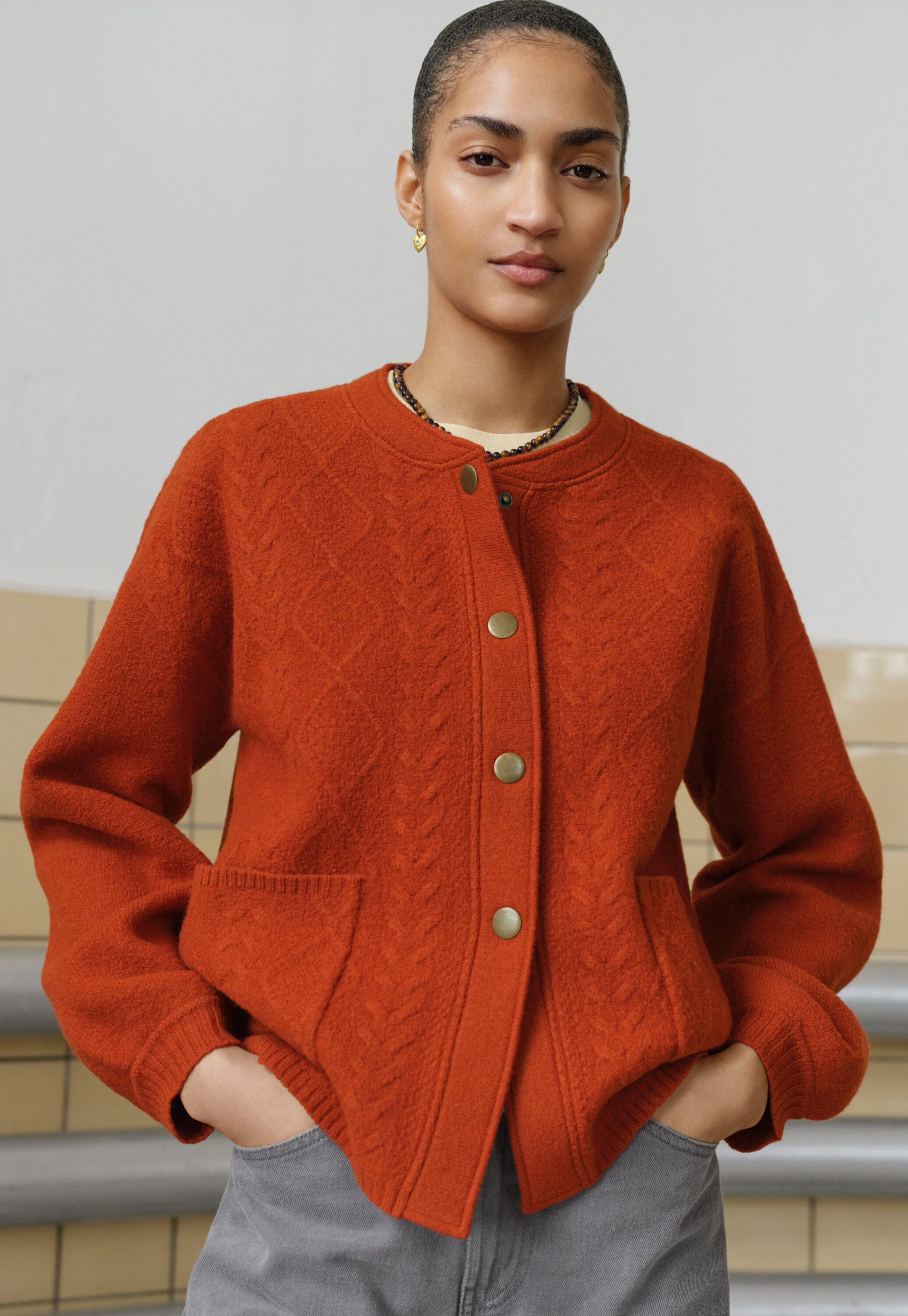 Cable-stitch bomber jacket
