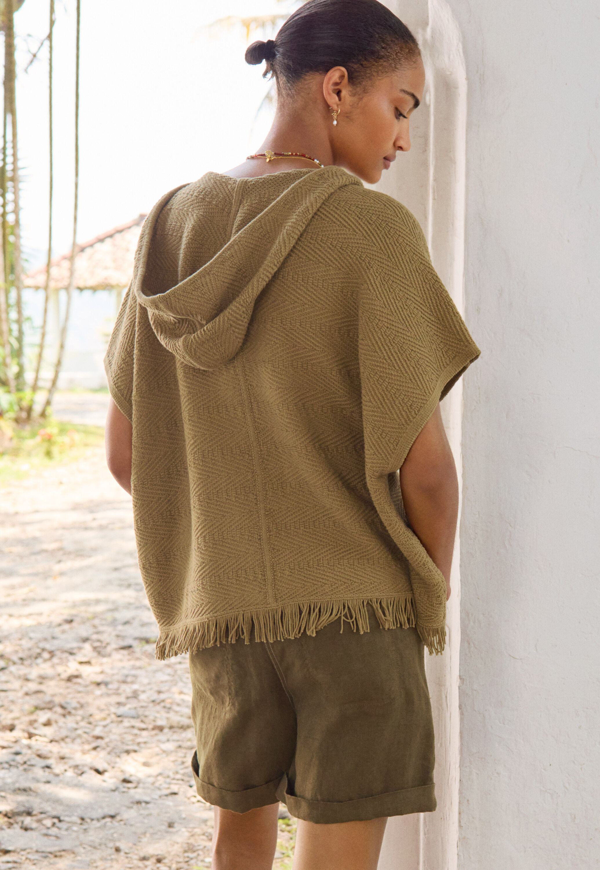 Herringbone-stitch hooded poncho