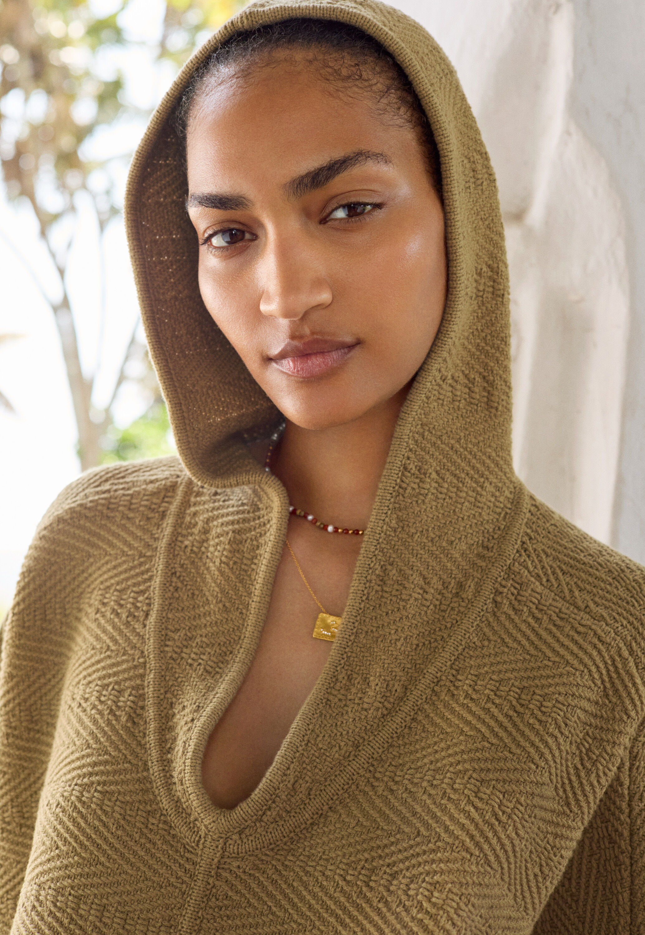 Herringbone-stitch hooded poncho