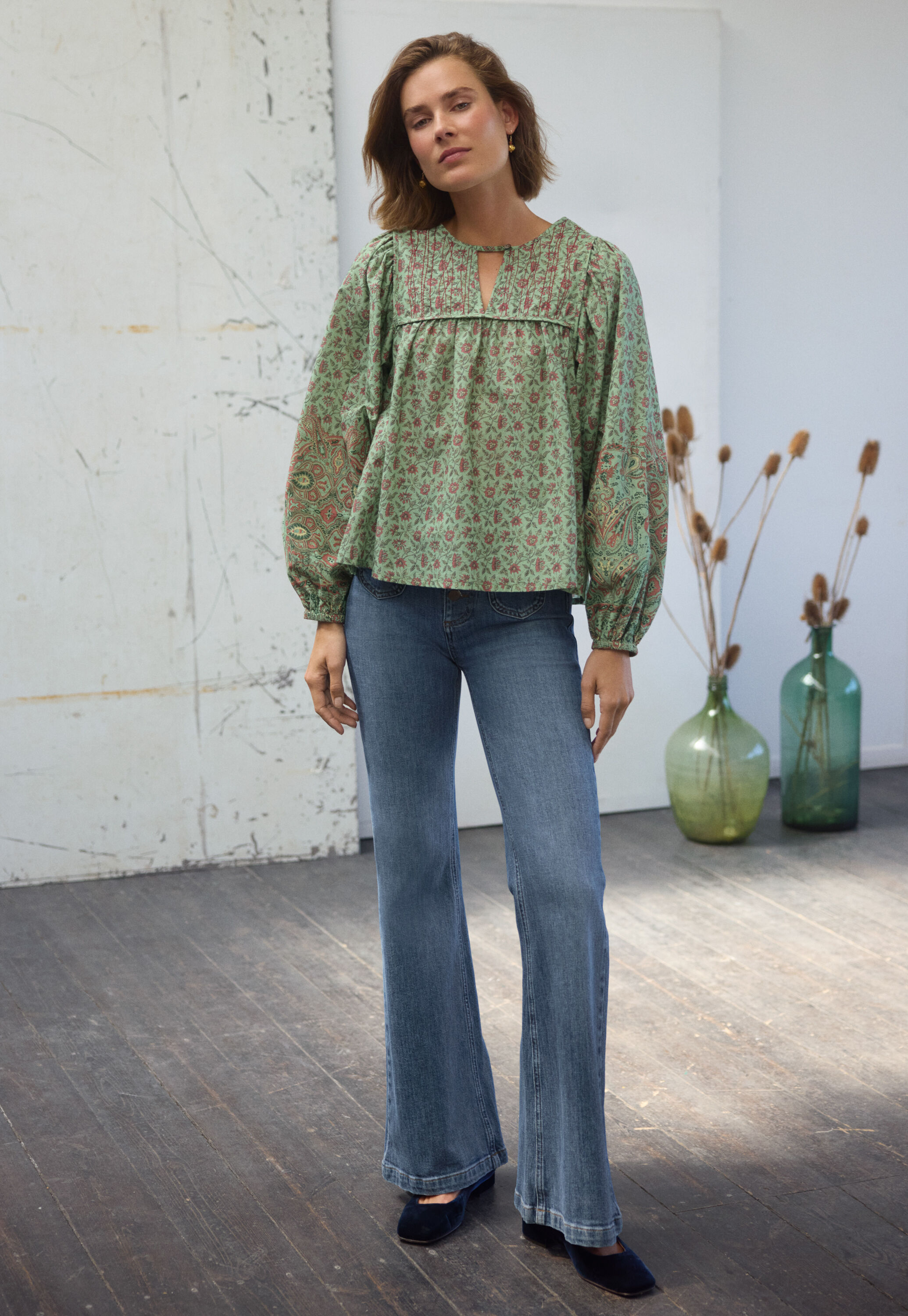 Printed gathered blouse