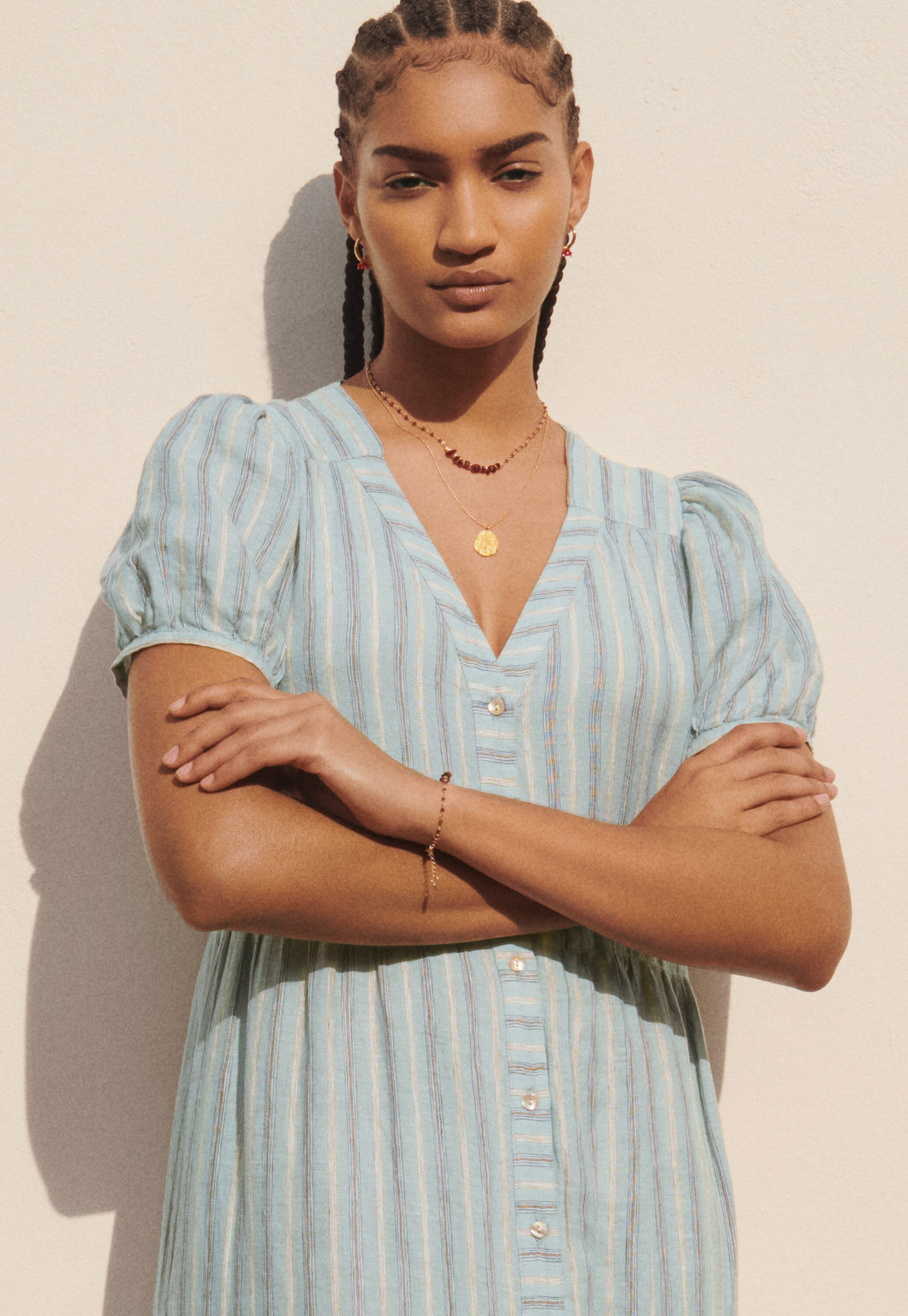 Striped button-through dress